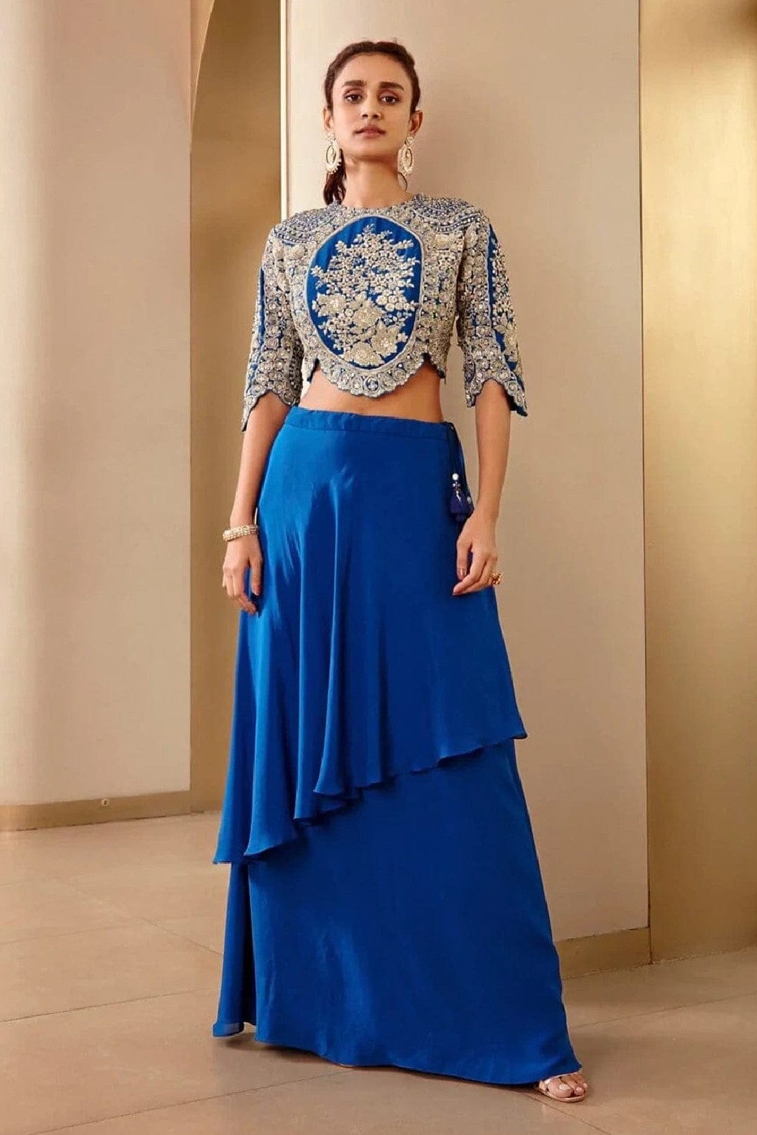 Jade Blue Embroidered Top and Assymetrical Skirt