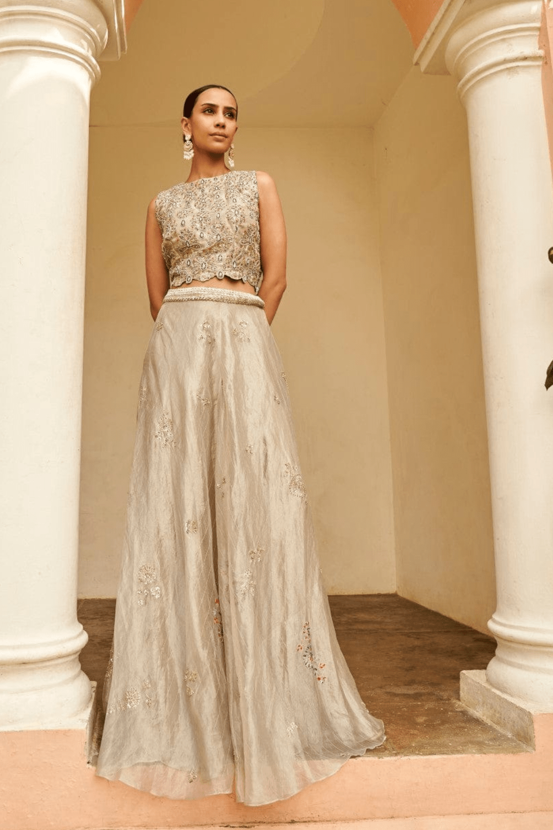 Light Gold Embroidered Top And Skirt