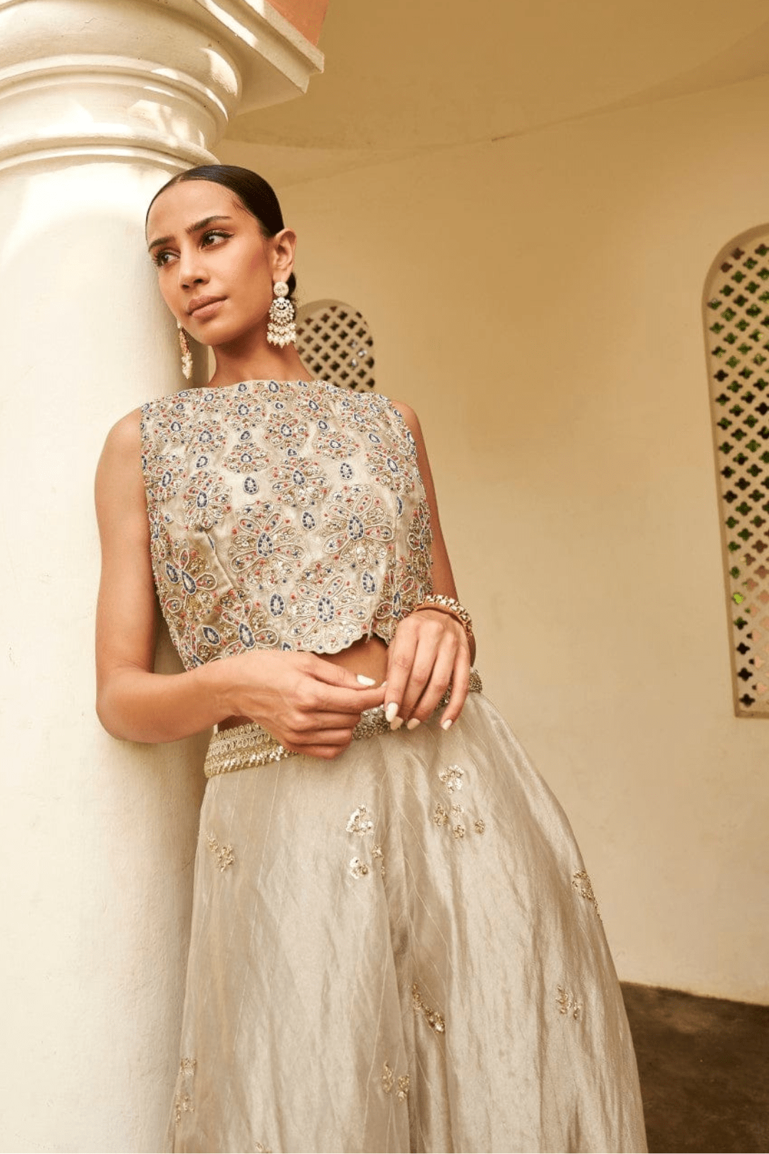 Light Gold Embroidered Top And Skirt