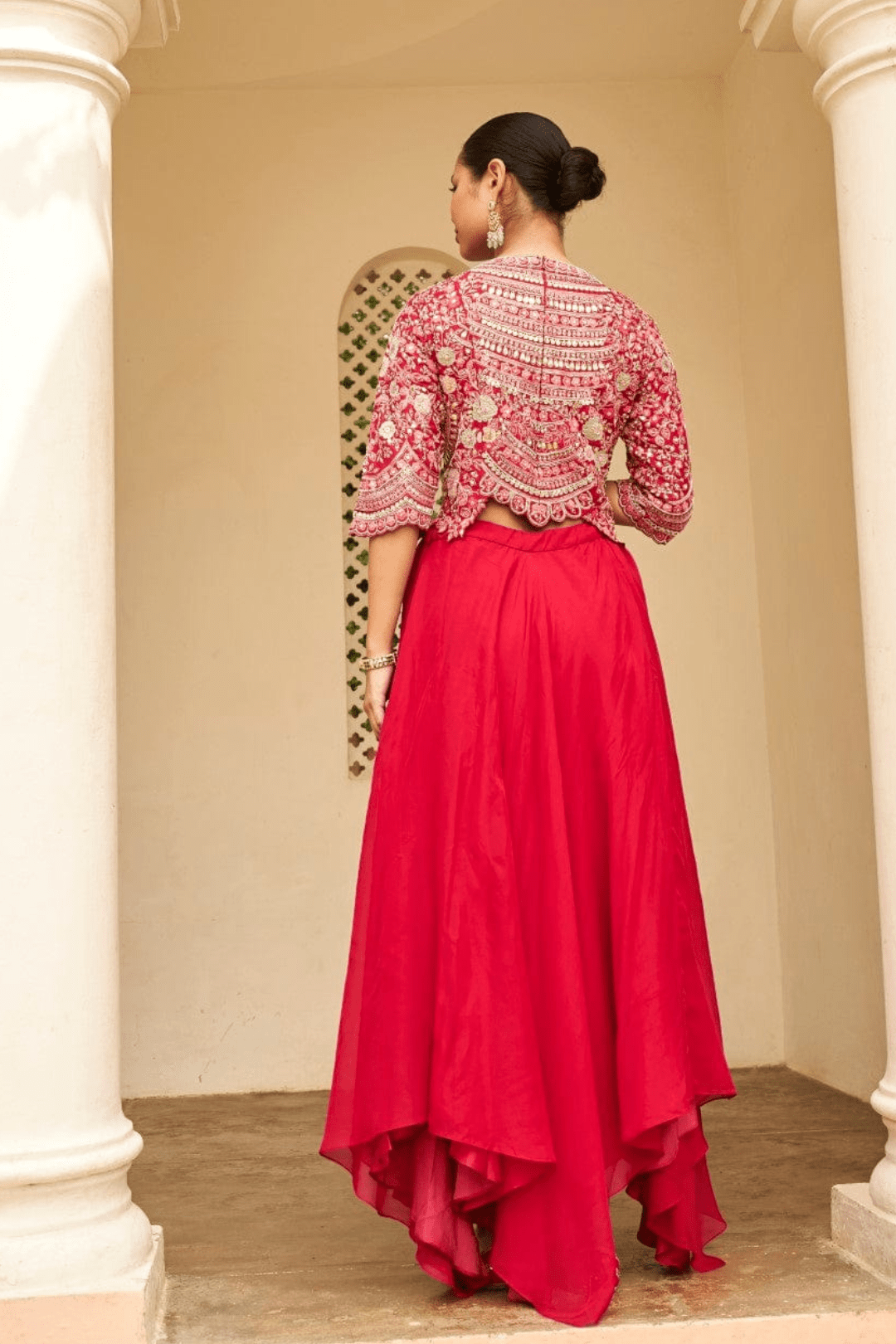 Carmine Red Embroidered Top & Skirt