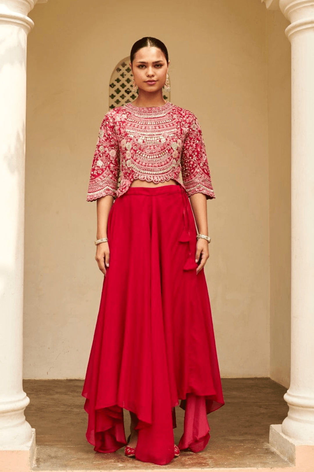 Carmine Red Embroidered Top & Skirt