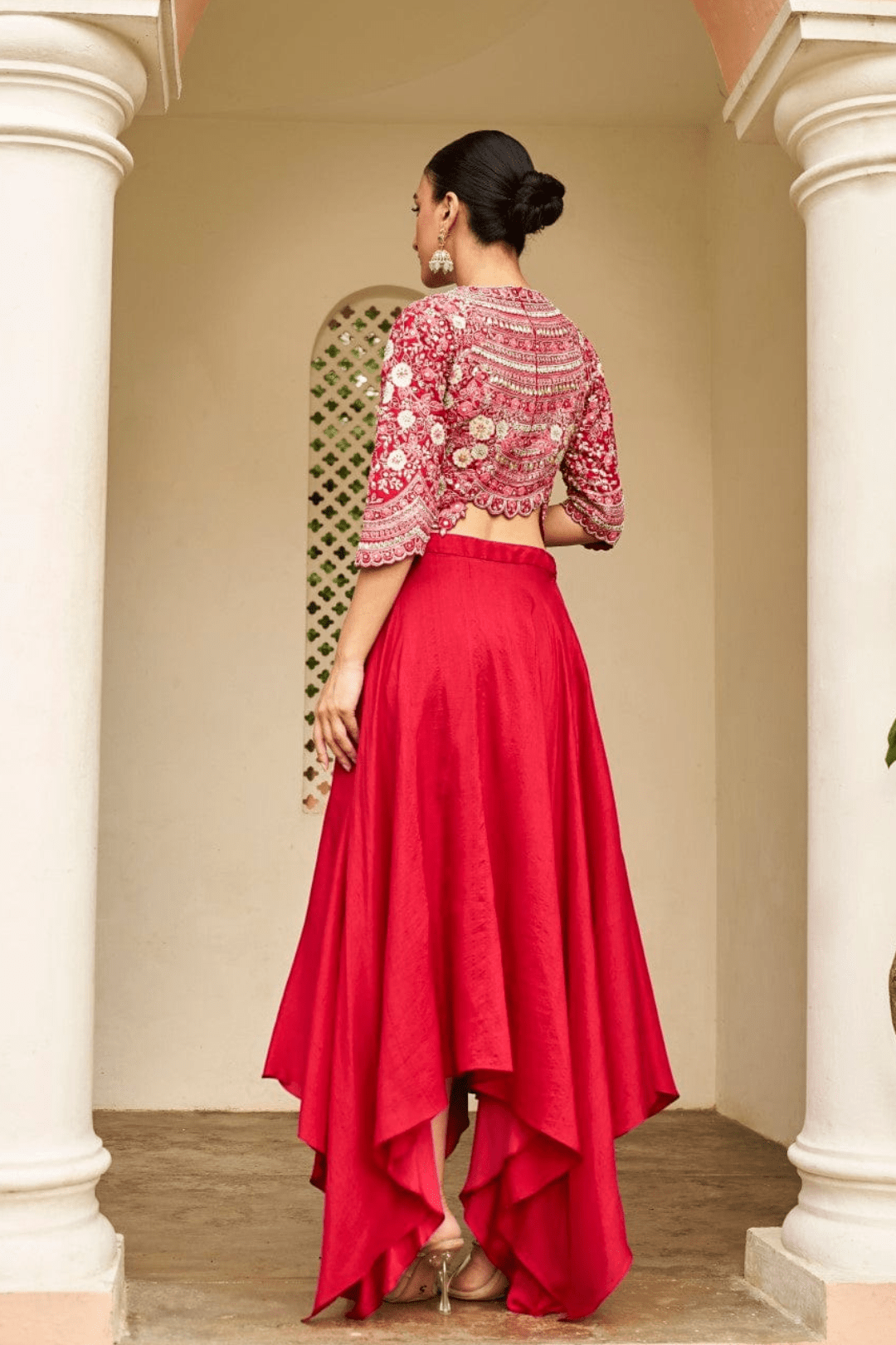 Carmine Red Embroidered Top & Skirt