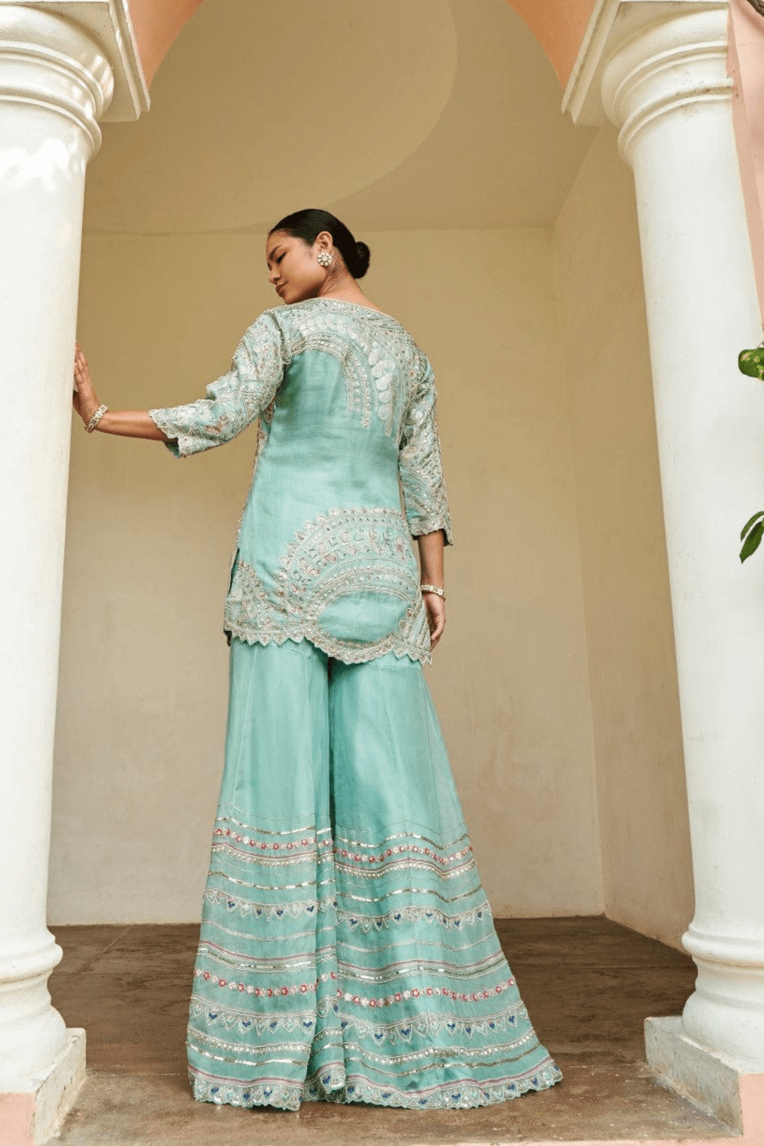 Cadet Blue Embroidered Sharara Set