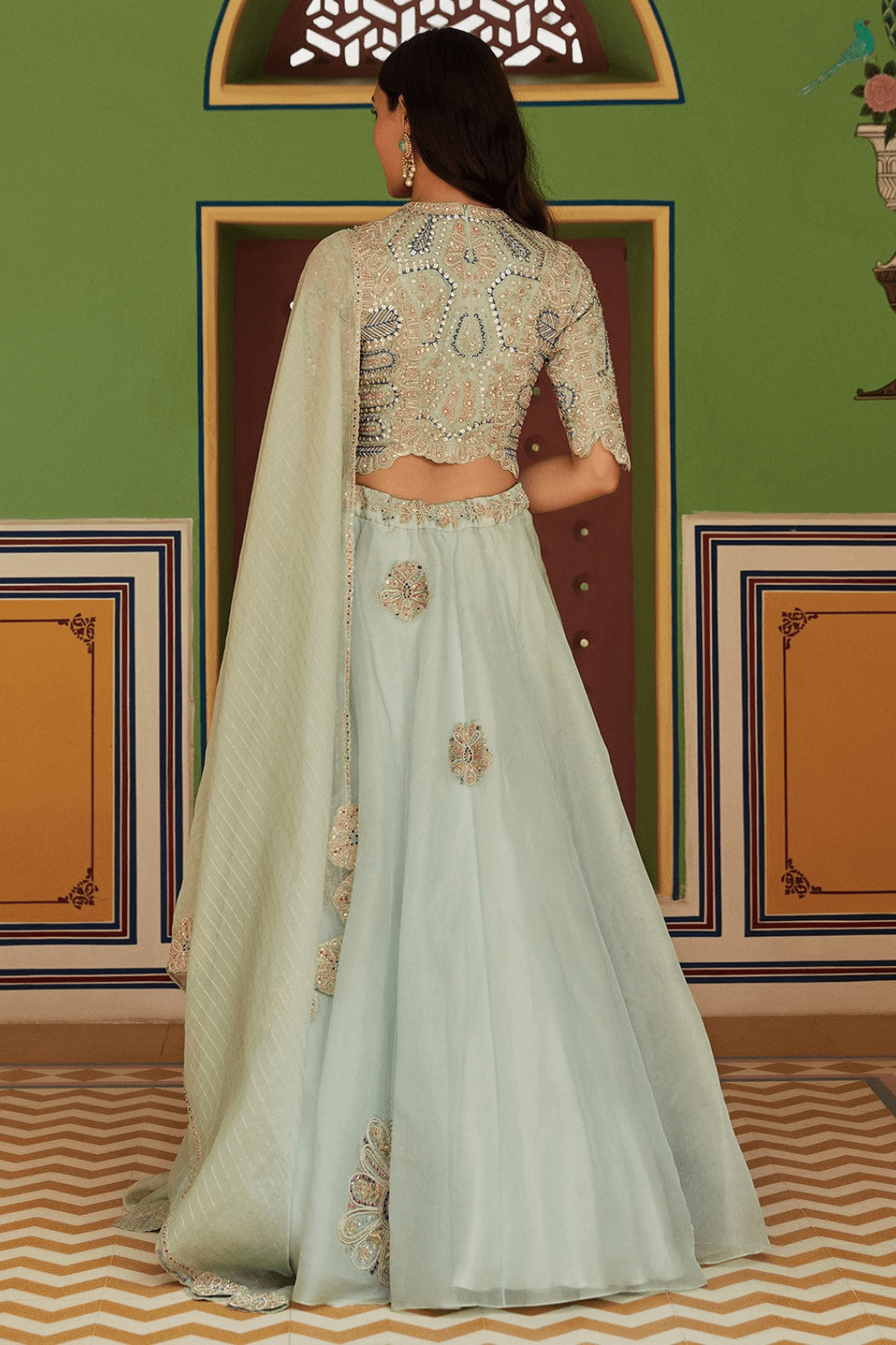 Teal Embroidered Organza Lehenga with Dupatta