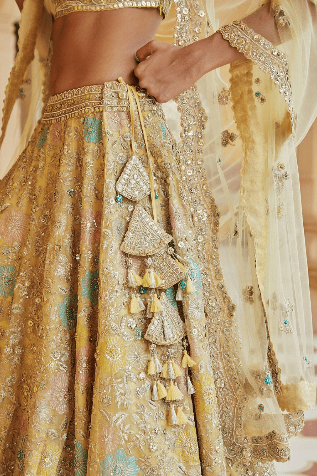 Taupe Lemon Embroidered Floral Lehenga with Dupatta
