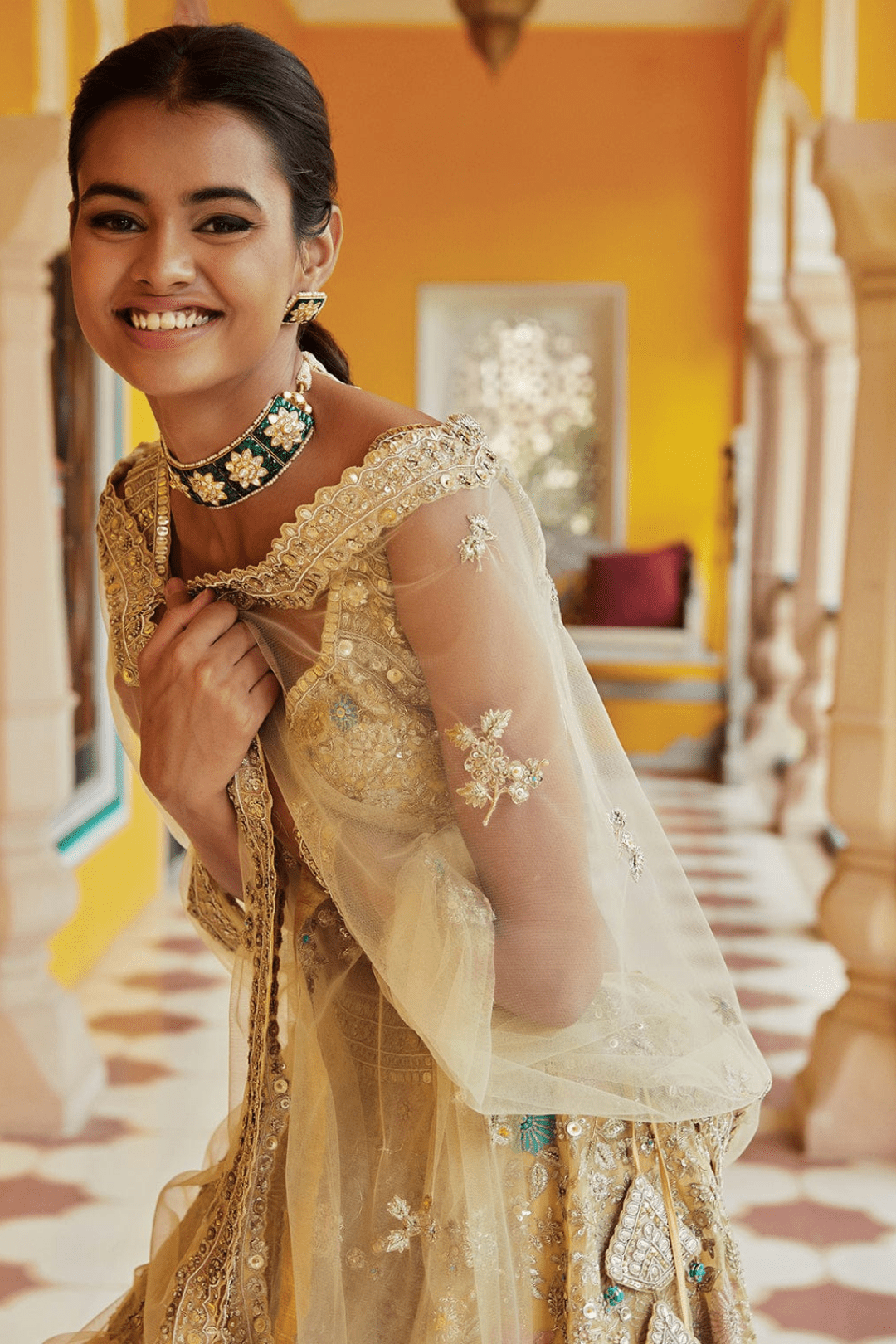 Taupe Lemon Embroidered Floral Lehenga with Dupatta