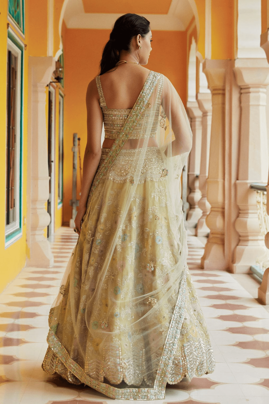 Taupe Lemon Embroidered Lehenga Set with Dupatta