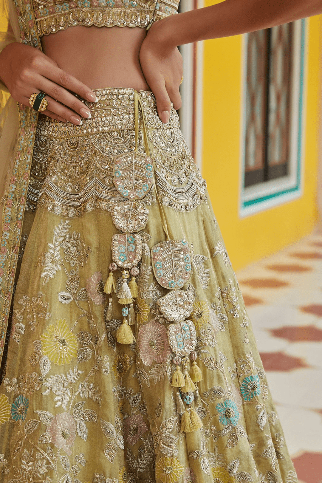 Taupe Lemon Embroidered Lehenga Set with Dupatta