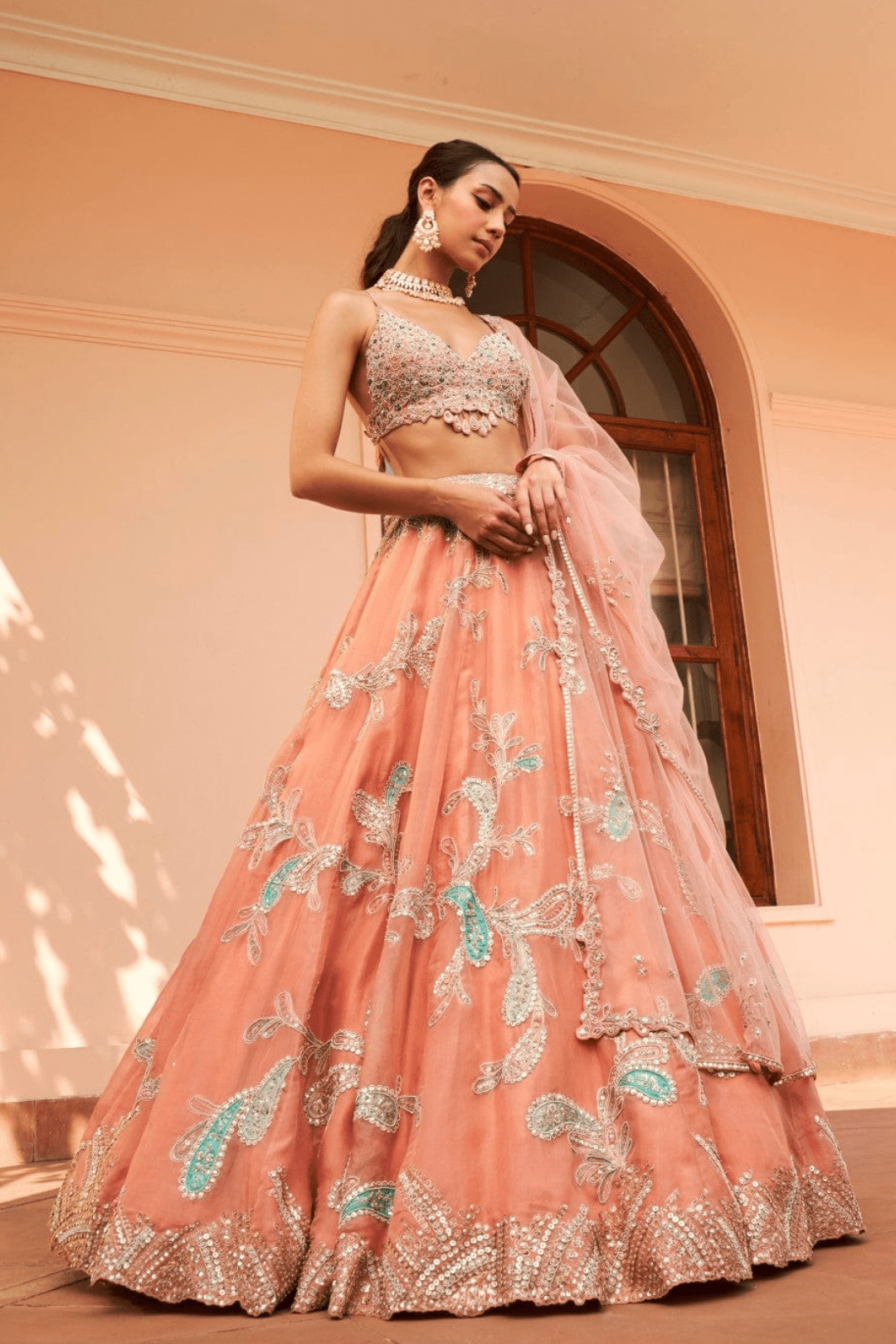 Coral Embroidered Lehenga Set