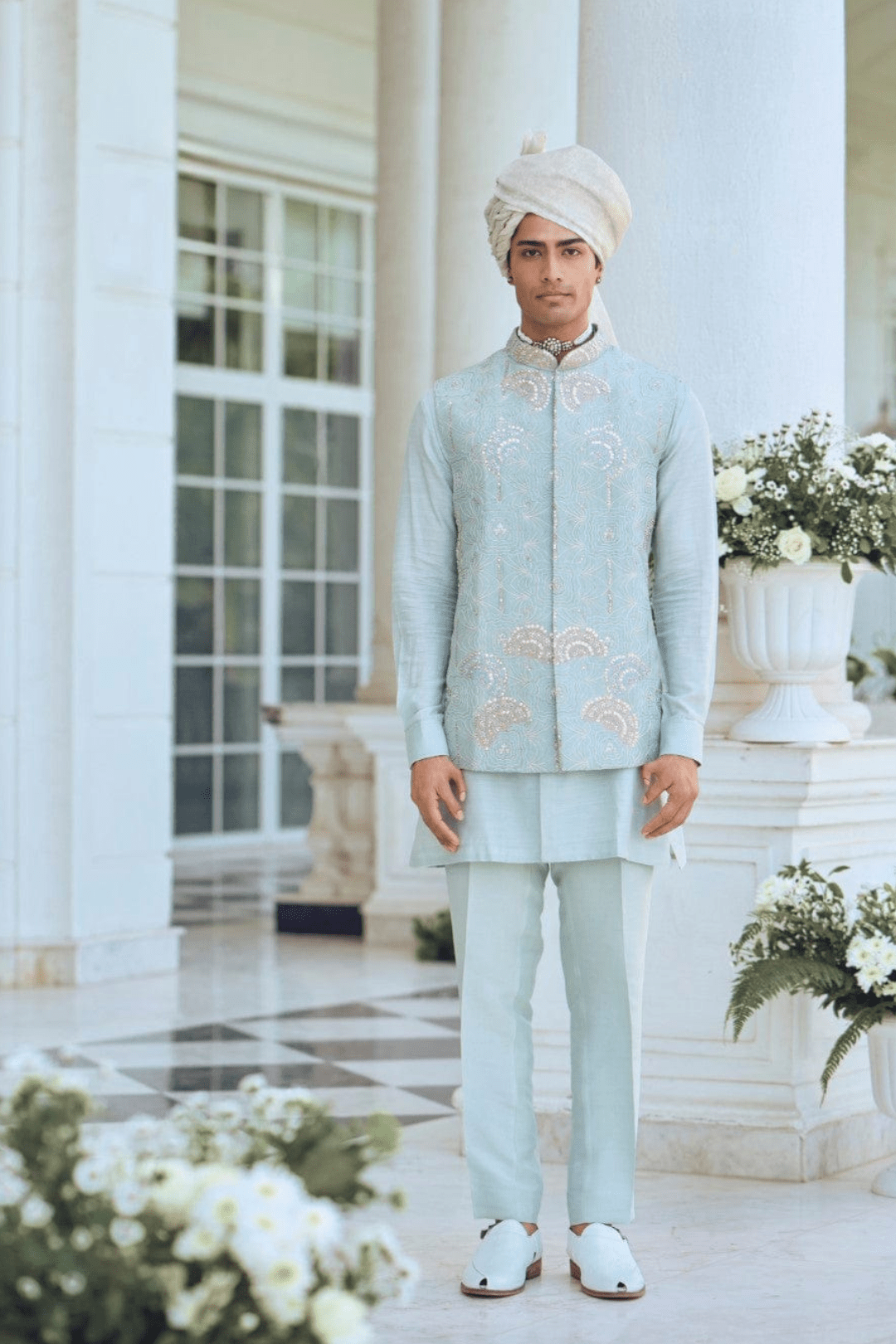 Cadet Blue Embroidered Nehru Jacket Set