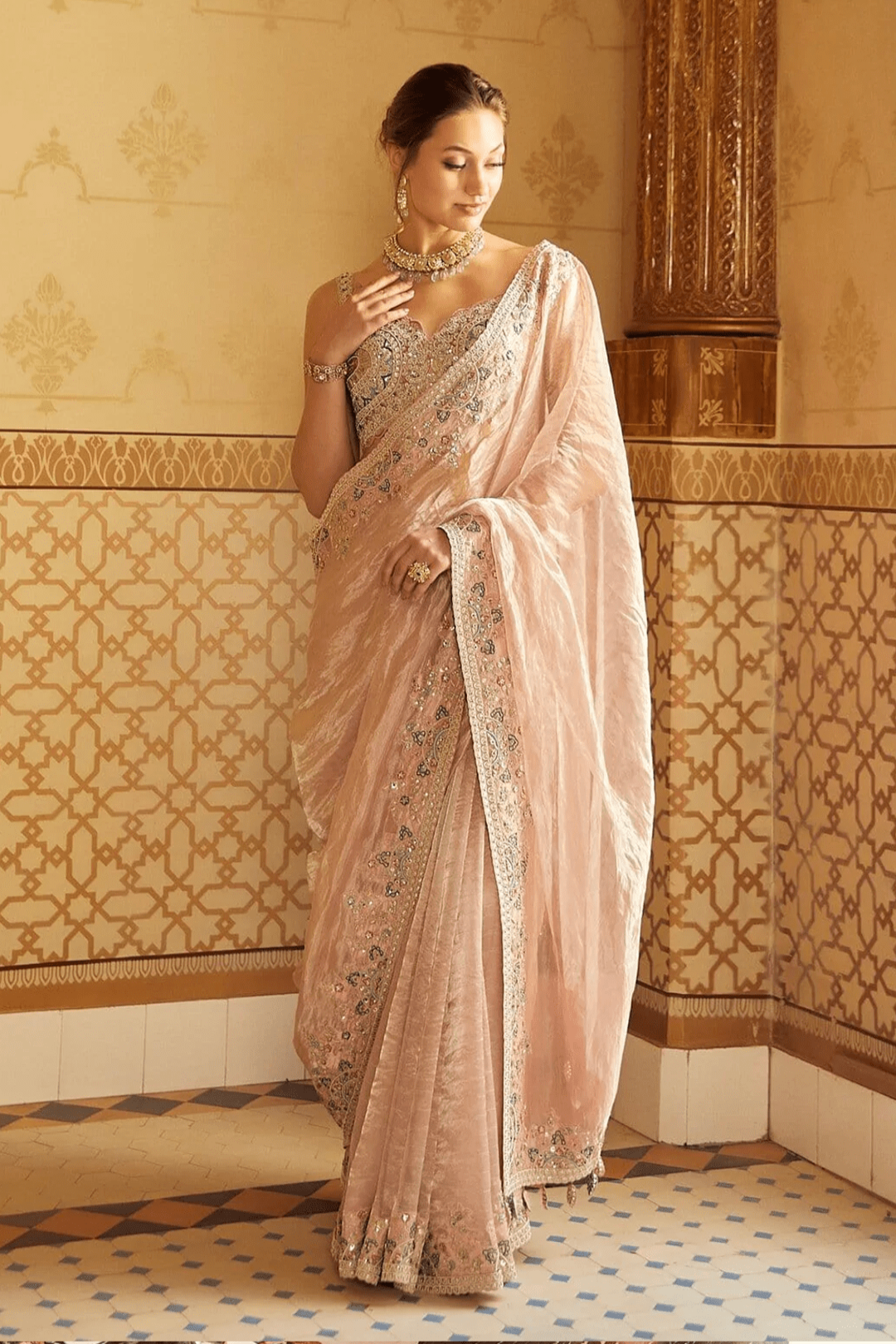 Soft Berry Embroidered Tissue Saree