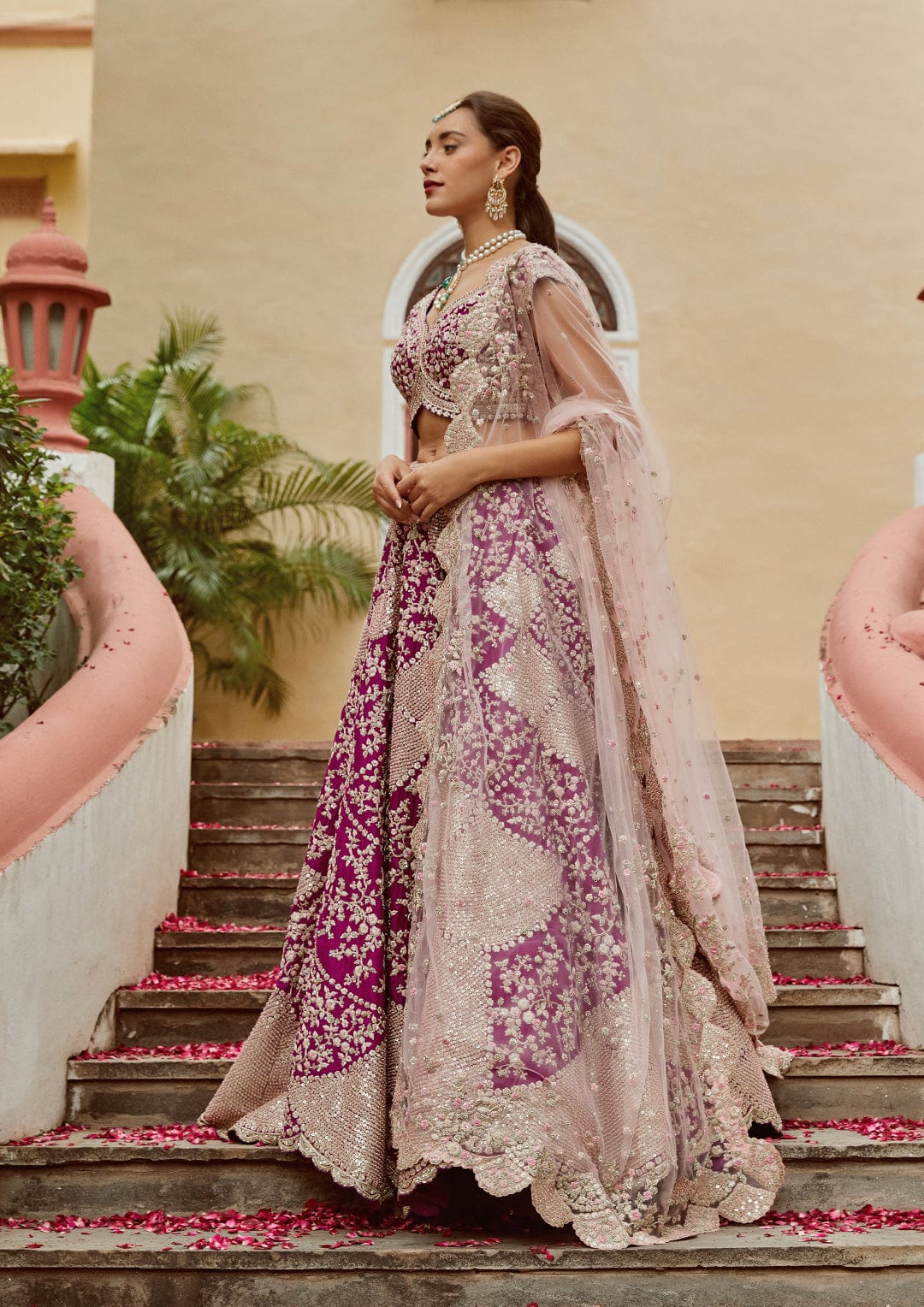 Aubergine Embroidered Lehenga with Pale Pink Dupatta