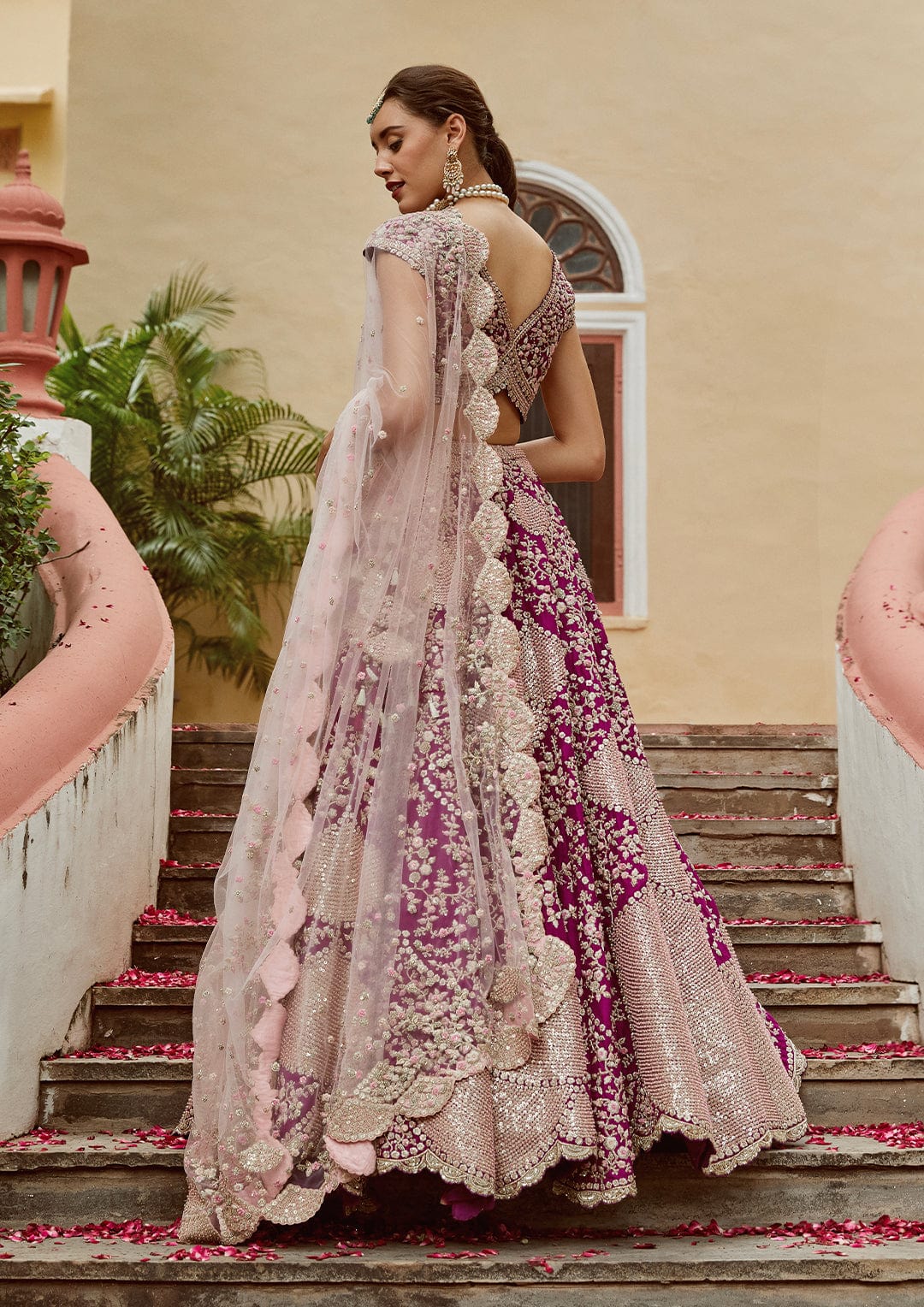 Aubergine Embroidered Lehenga with Pale Pink Dupatta