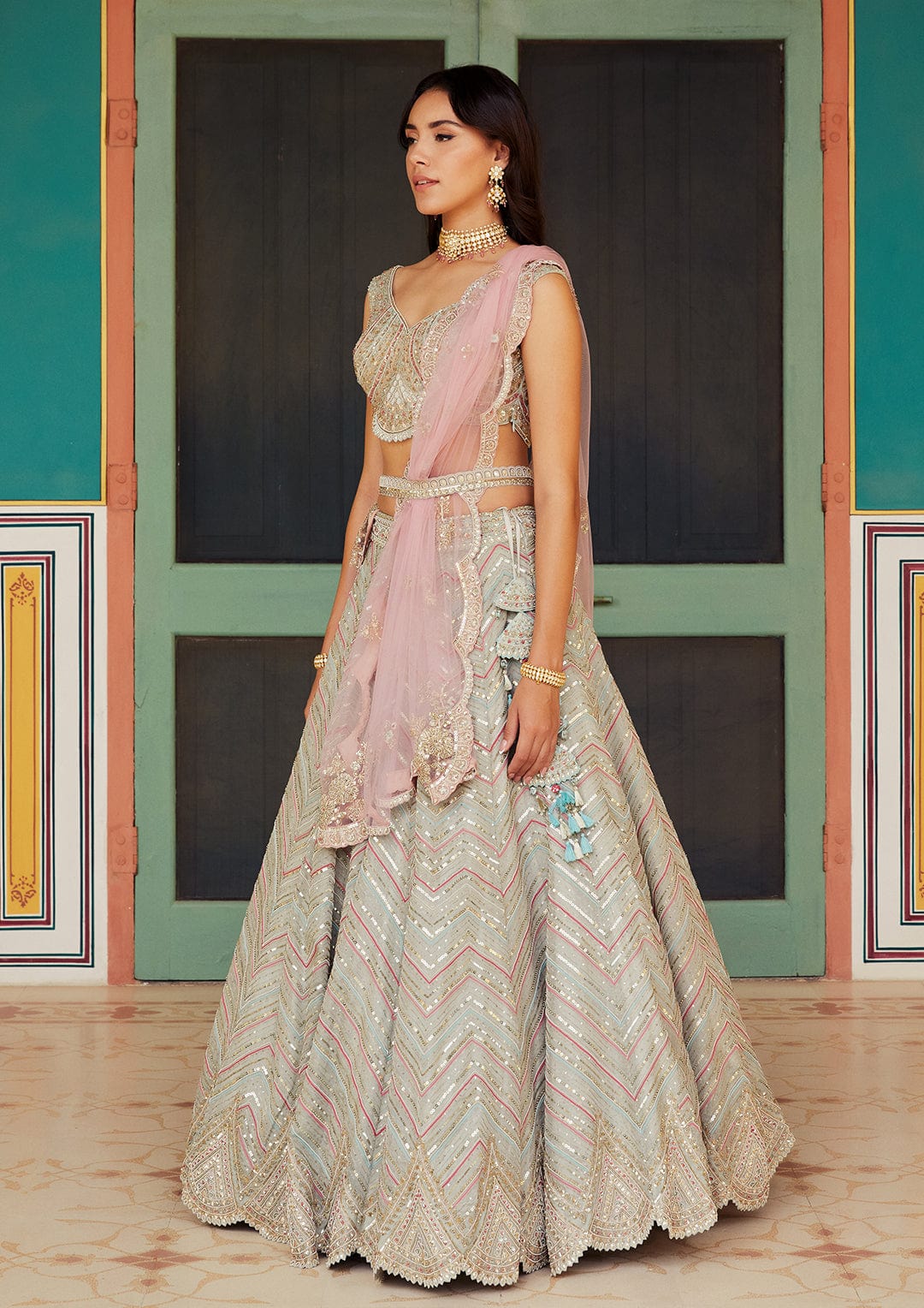 Dove Grey Embroidered Lehenga with Dupatta