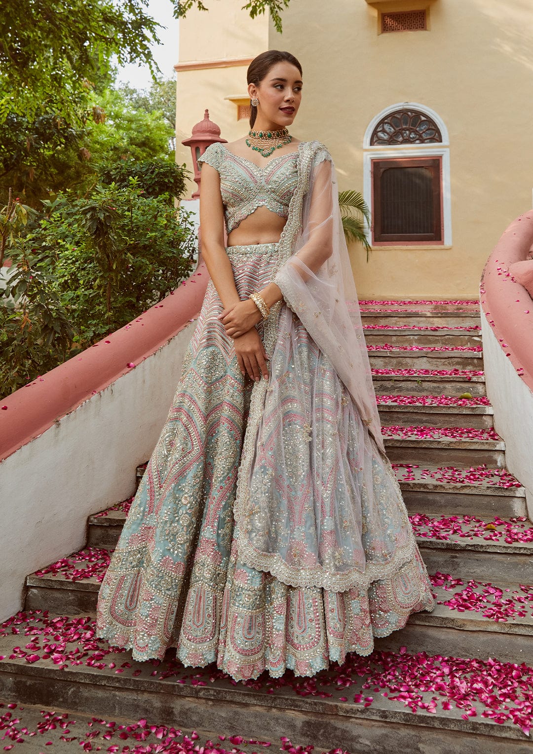 Teal Embroidered Lehenga with Tulle Dupatta