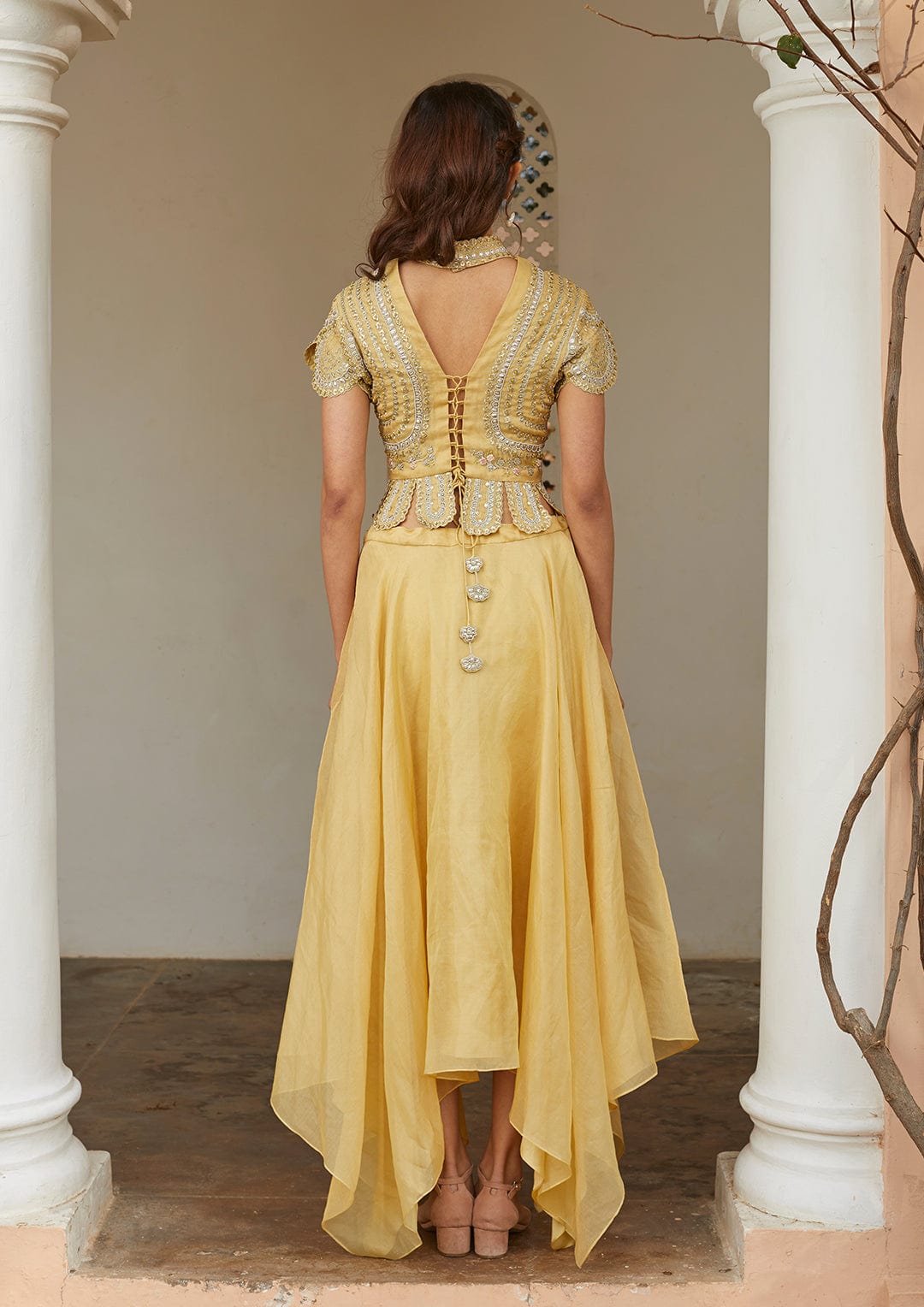 Taupe Lemon Optical Embroidered Crop Top and Skirt