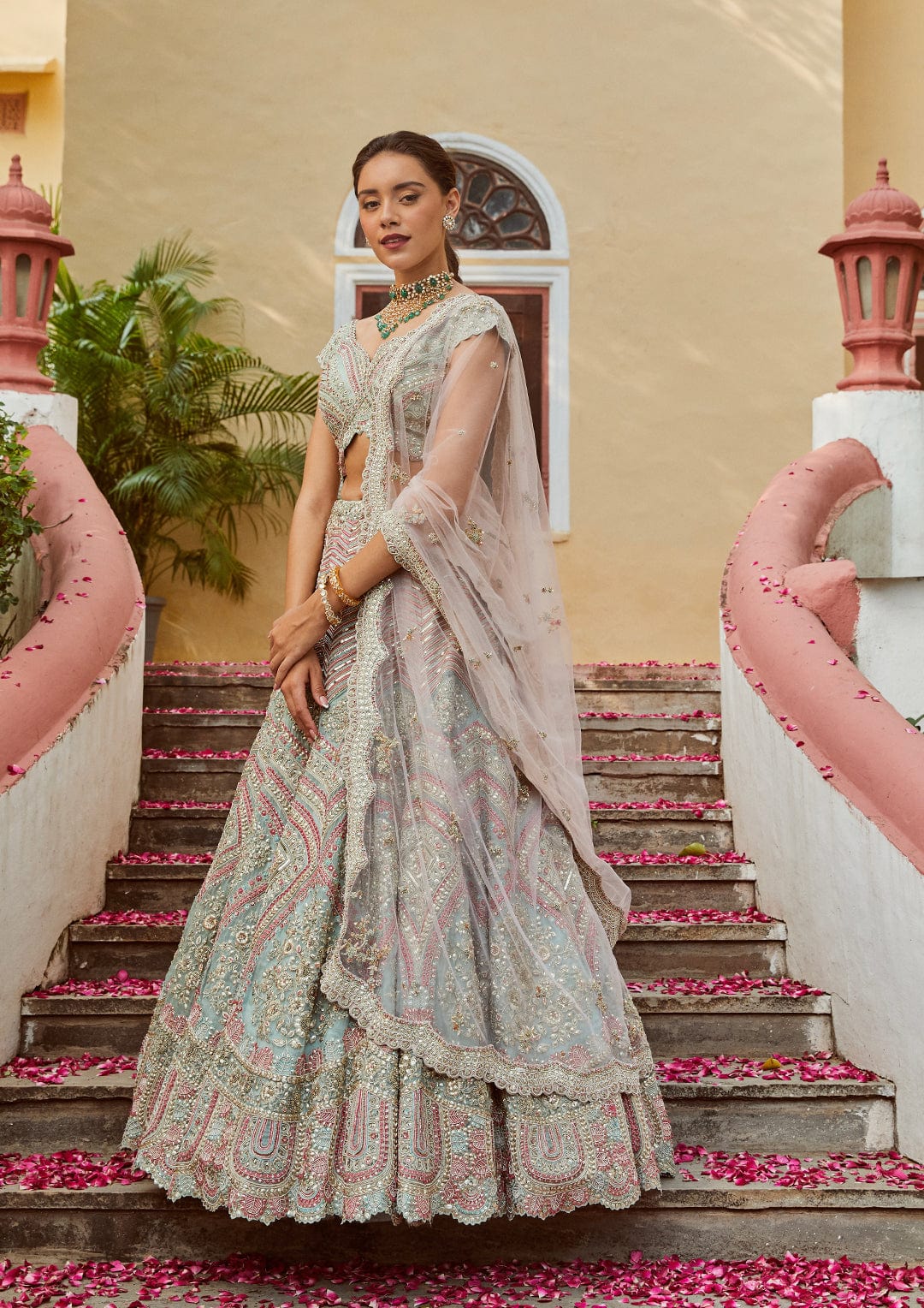 Teal Embroidered Lehenga with Tulle Dupatta