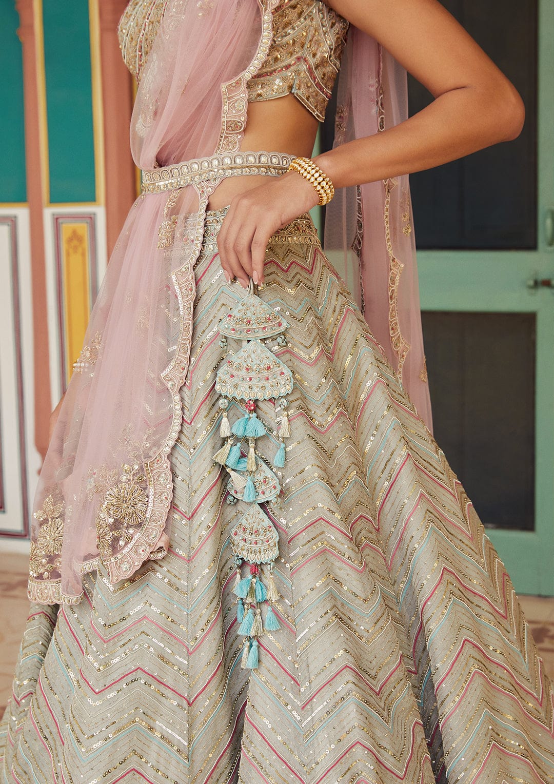 Dove Grey Embroidered Lehenga with Dupatta