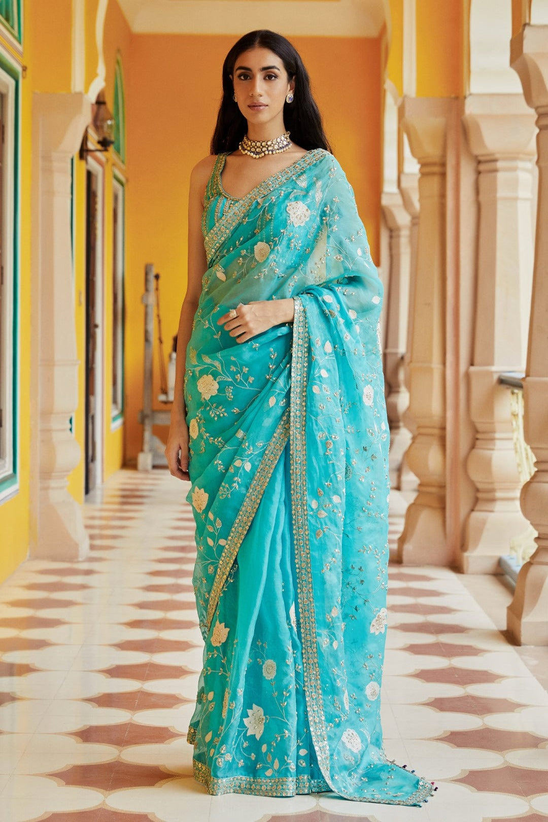 Firoza Embroidered Floral Saree