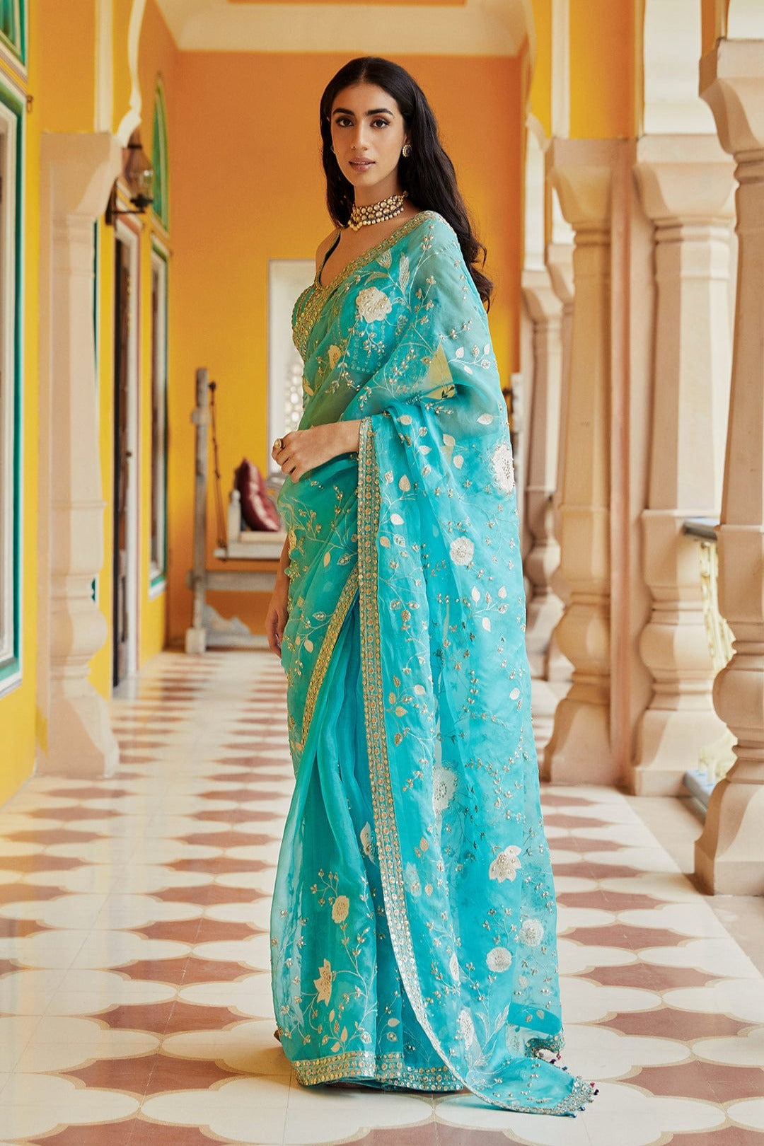 Firoza Embroidered Floral Saree