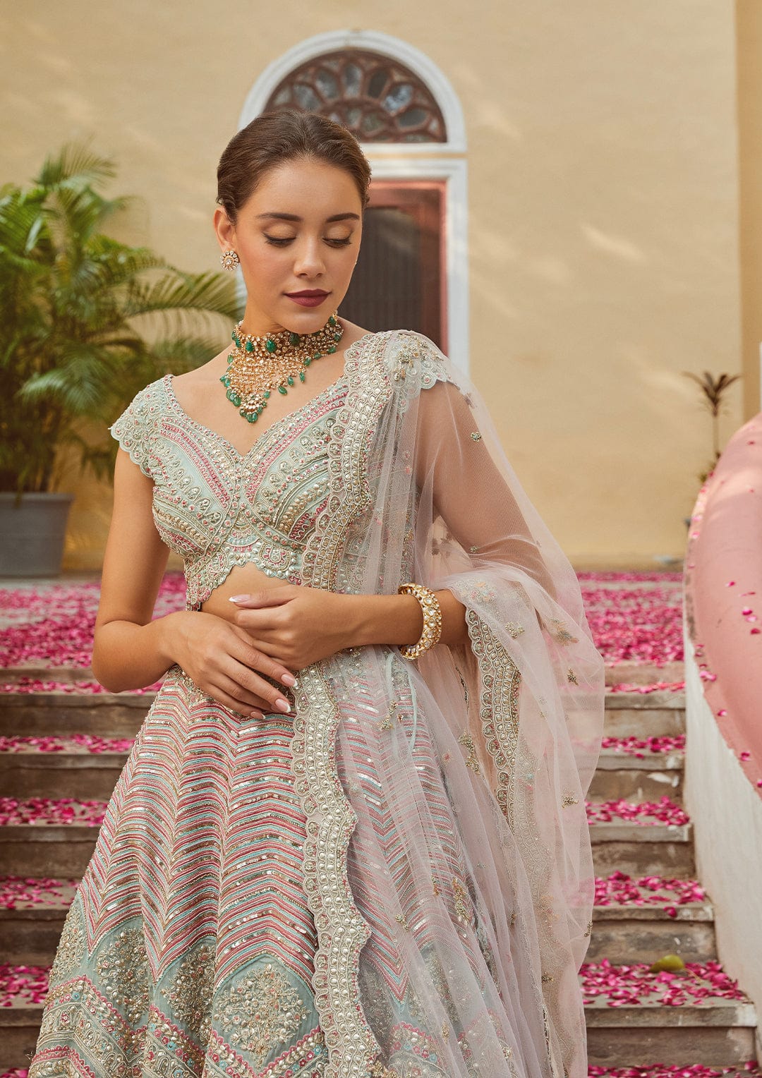 Teal Embroidered Lehenga with Tulle Dupatta