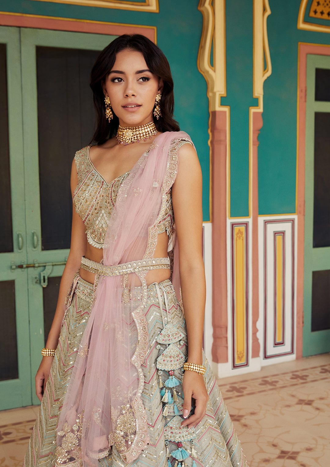 Dove Grey Embroidered Lehenga with Dupatta