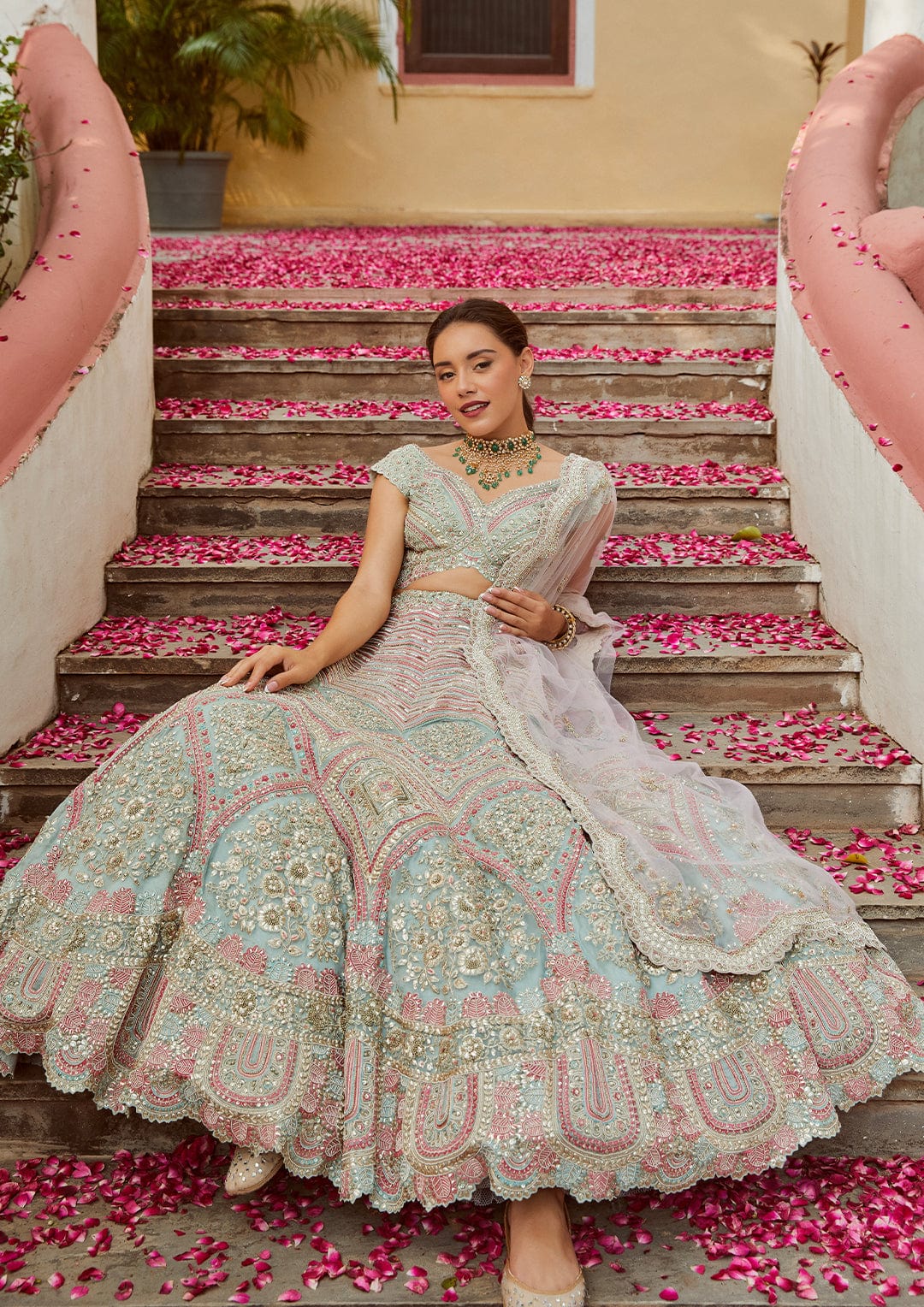 Teal Embroidered Lehenga with Tulle Dupatta