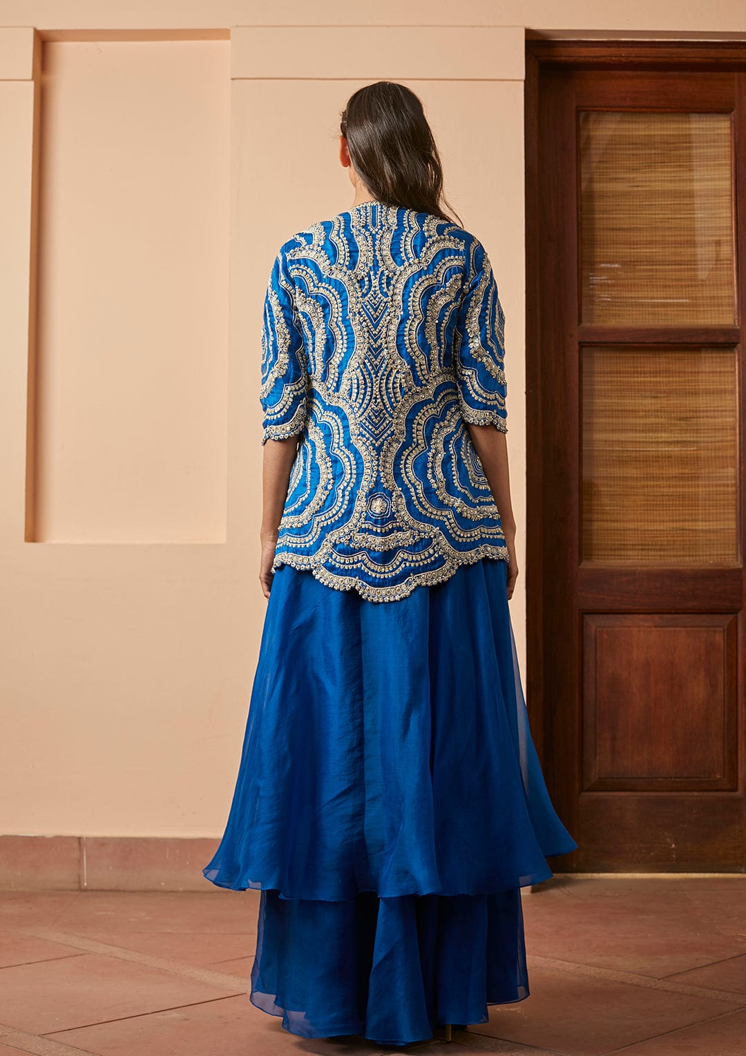 Leher Optical Embroidered Short Jacket Lehenga Set