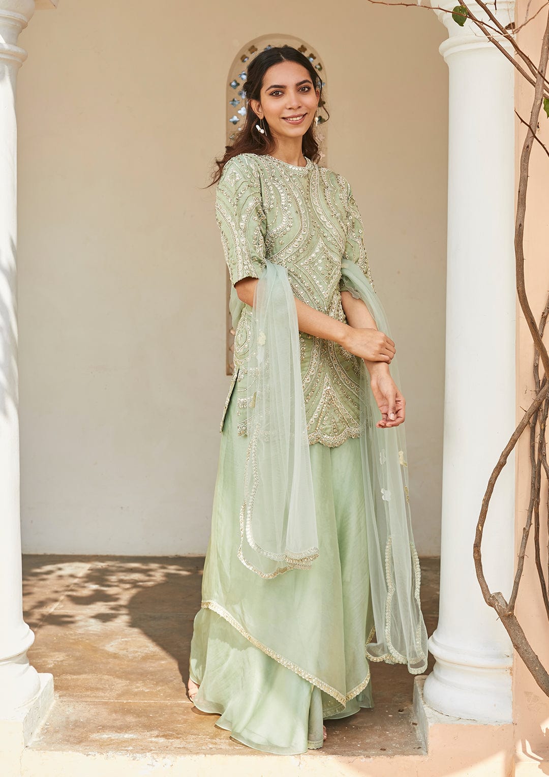 Frost Blue Optical Embroidered Sharara Set