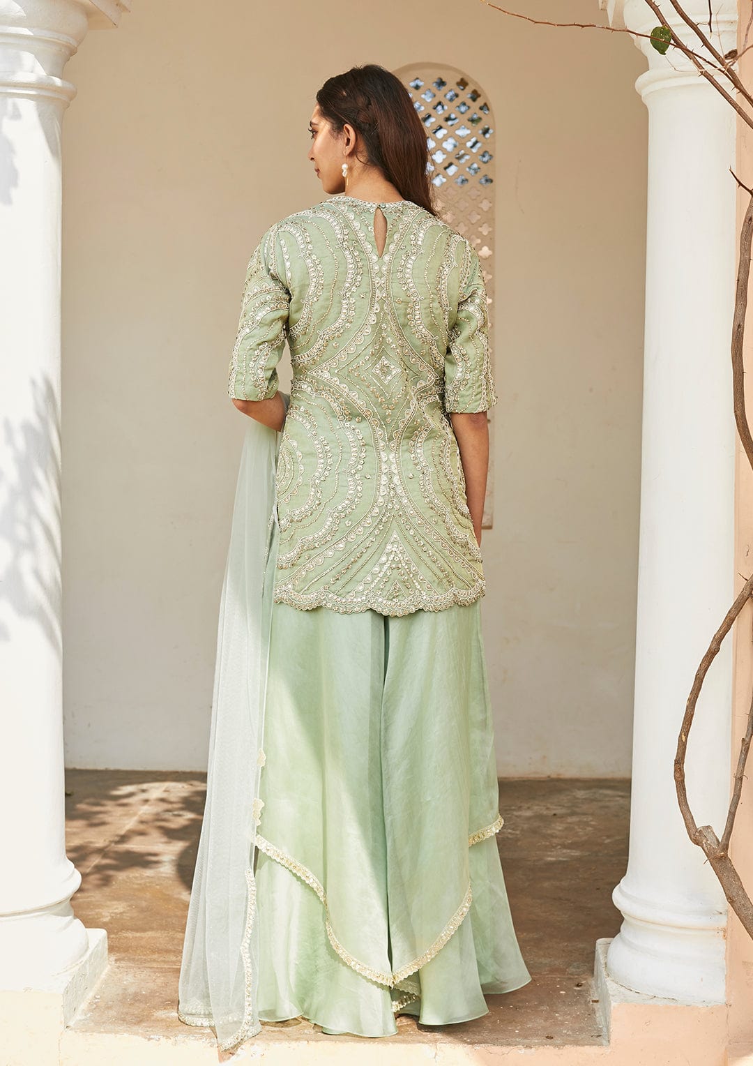 Frost Blue Optical Embroidered Sharara Set