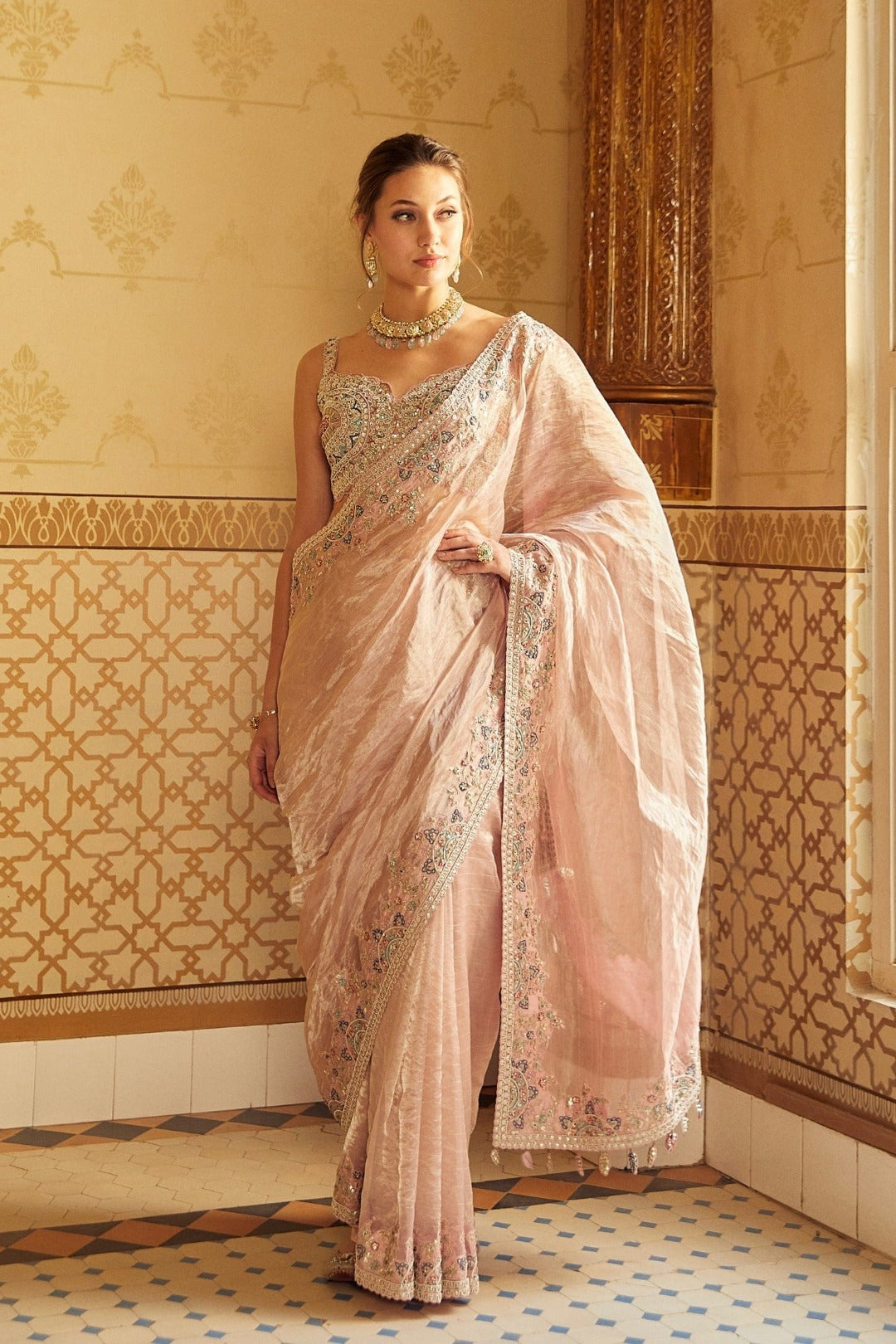 Soft Berry Embroidered Tissue Saree
