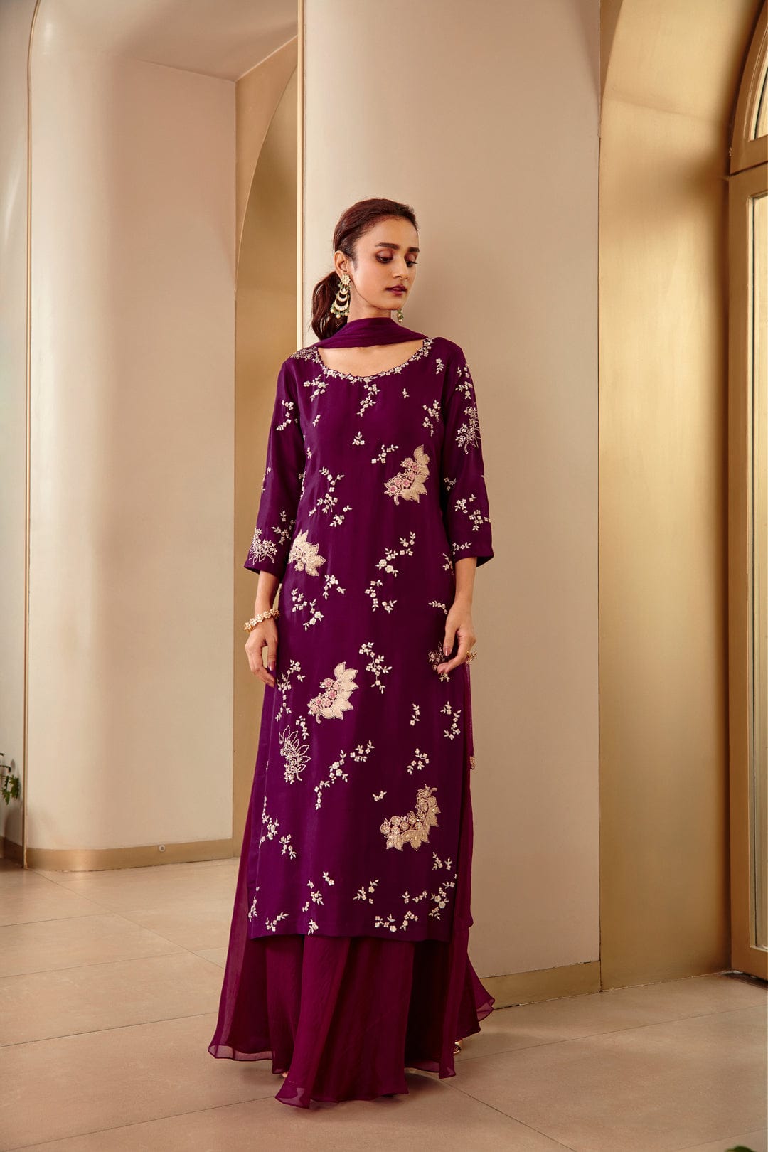 Hand-Embroidered Aubergine Sharara Suit