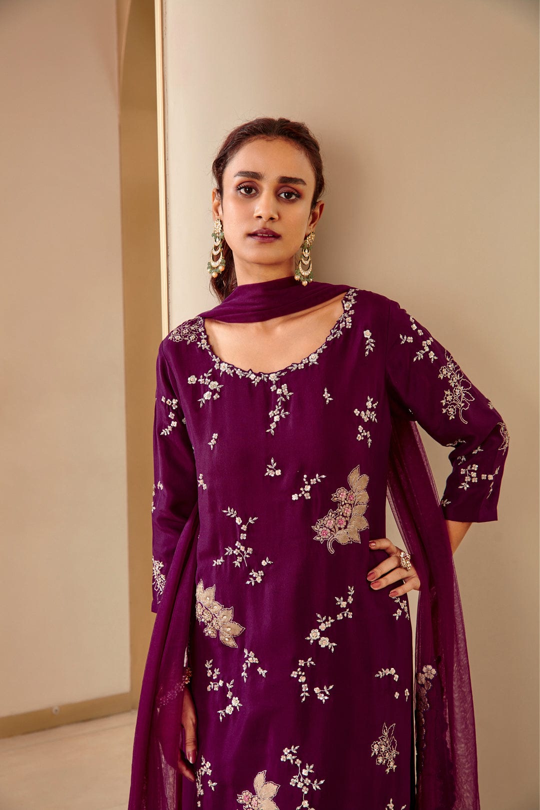 Hand-Embroidered Aubergine Sharara Suit