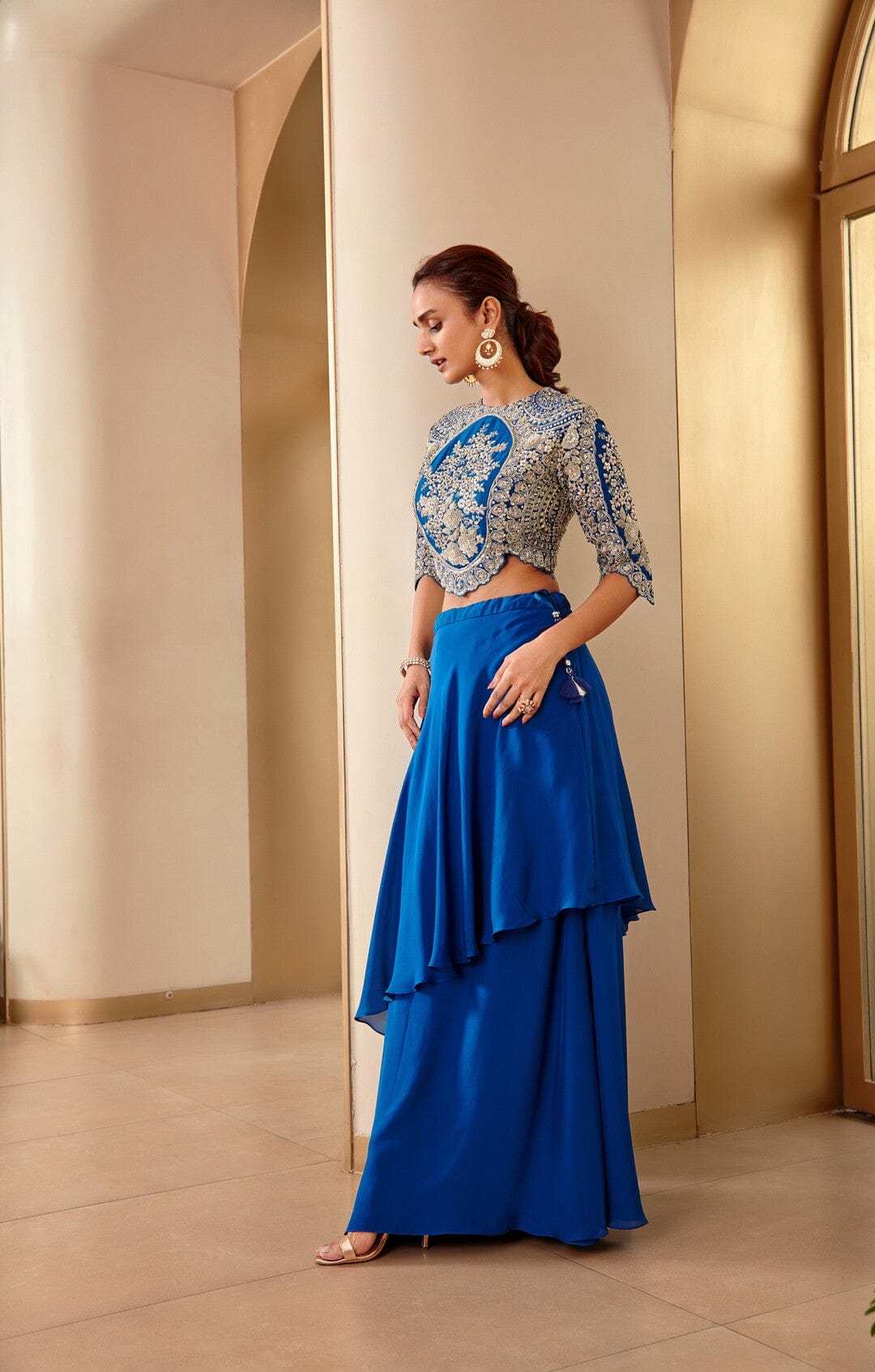 Jade Blue Embroidered Top and Assymetrical Skirt