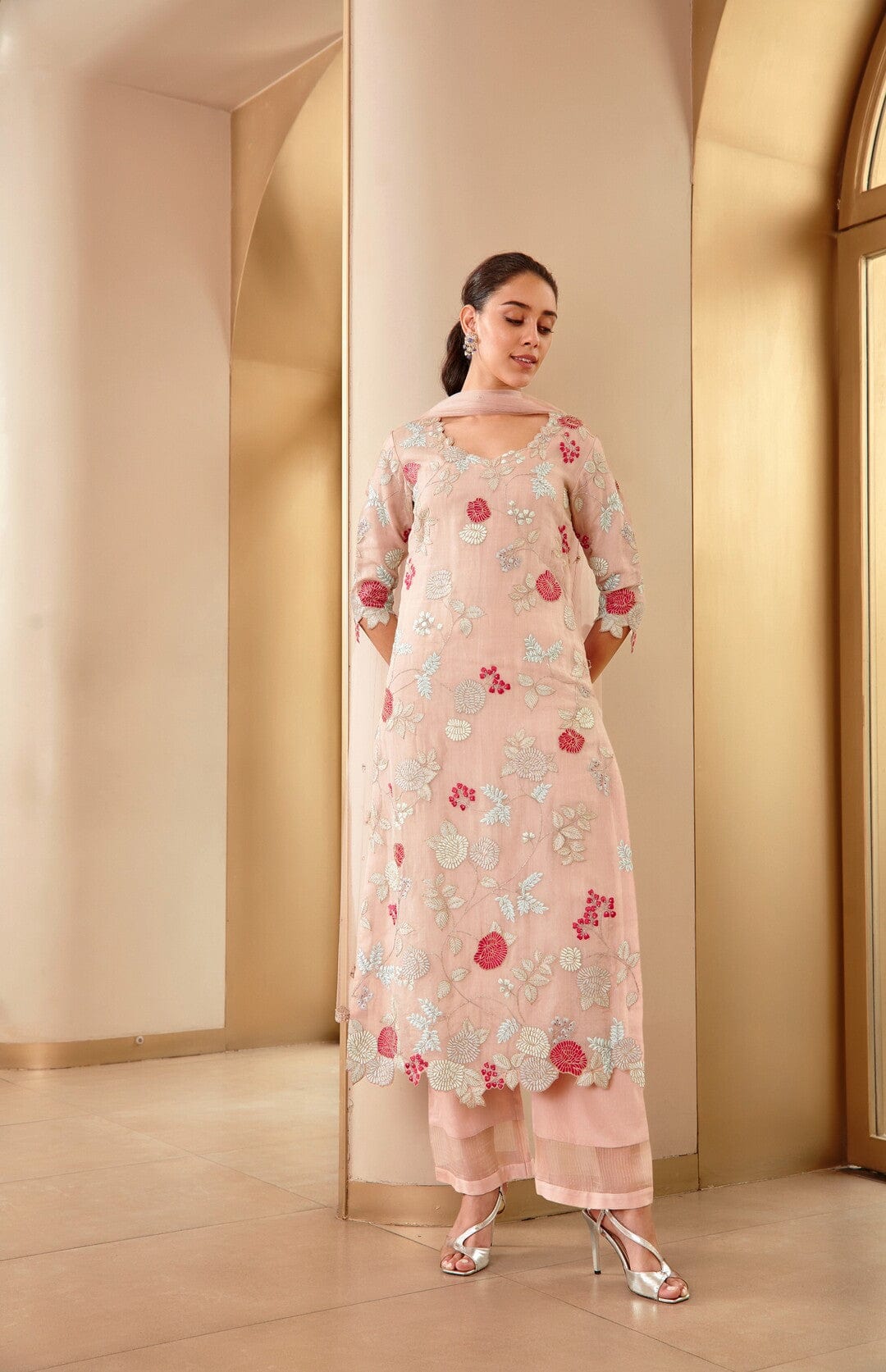 Hand-Embroidered Rose Pink Suit