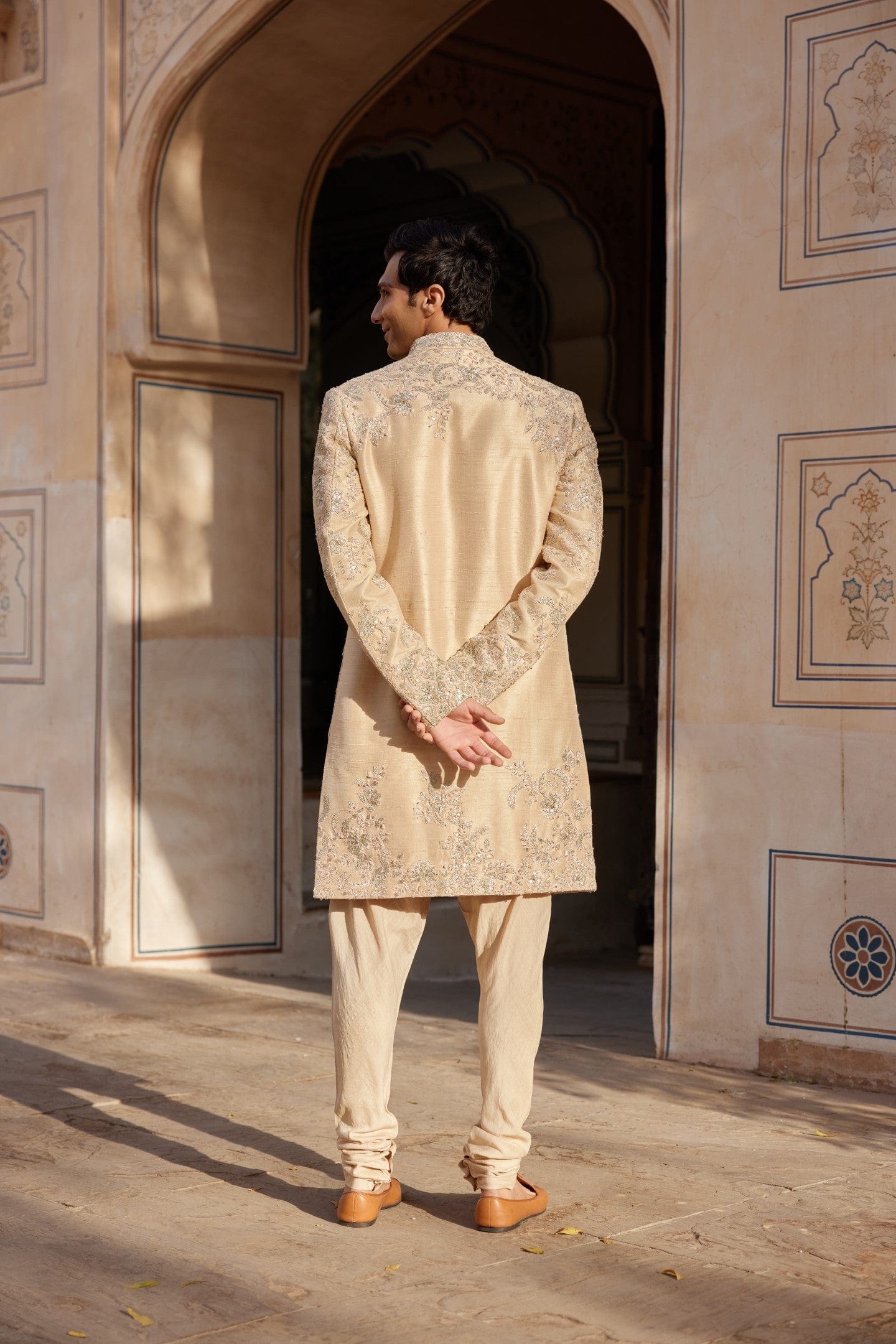 Beige Champagne Embroidered Sherwani Set