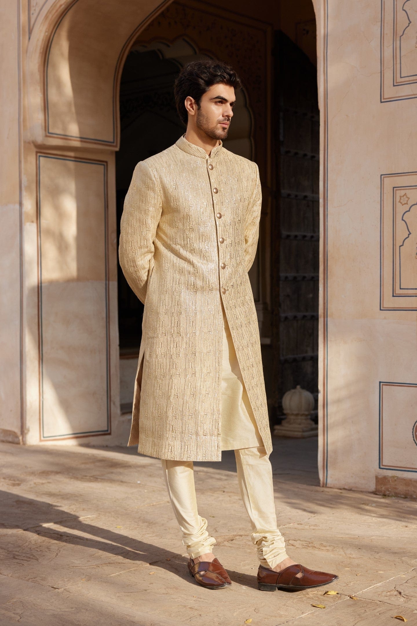 Beige Champagne Sherwani Set