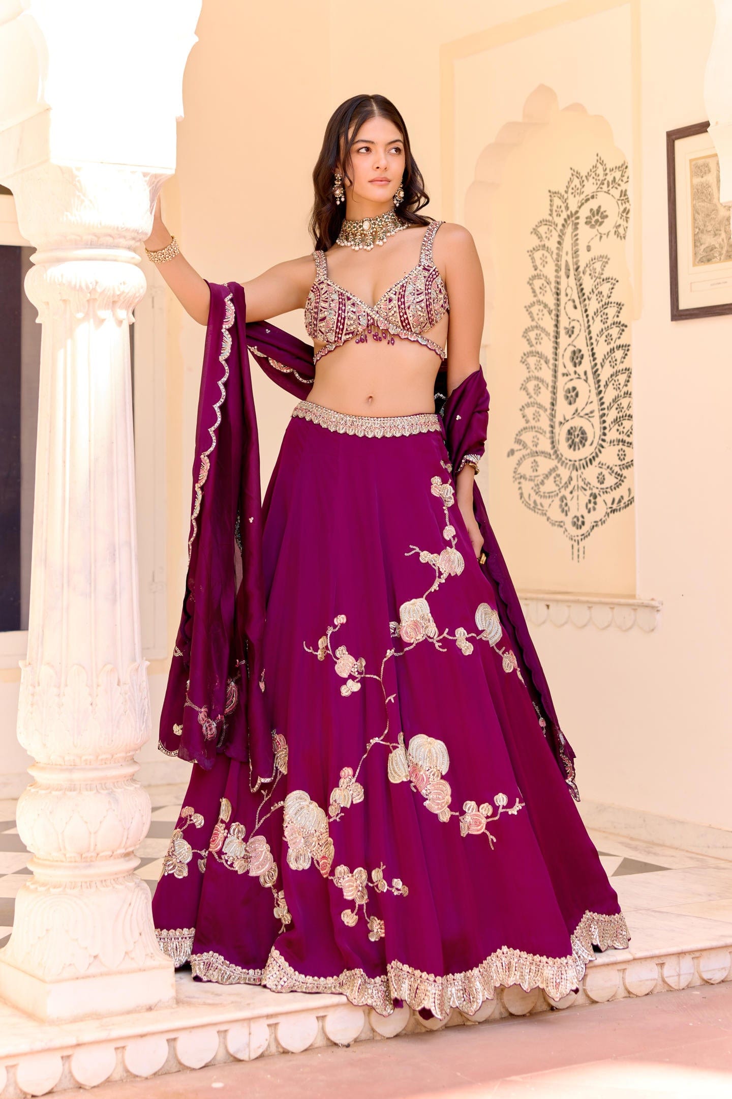 Dark Plum Jaal Placement Lehenga Set