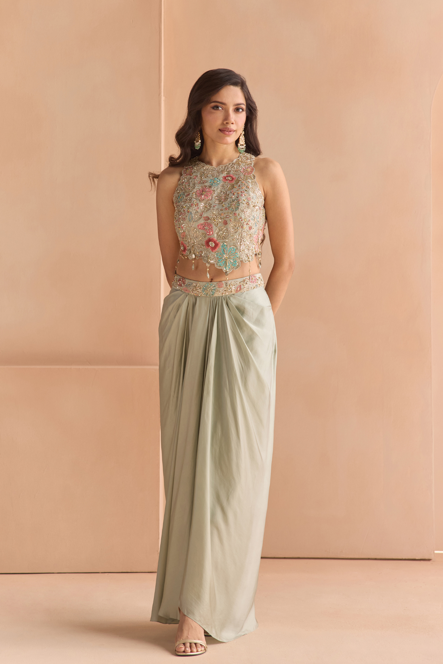 Mist Blue Embroidered Top & Skirt Set