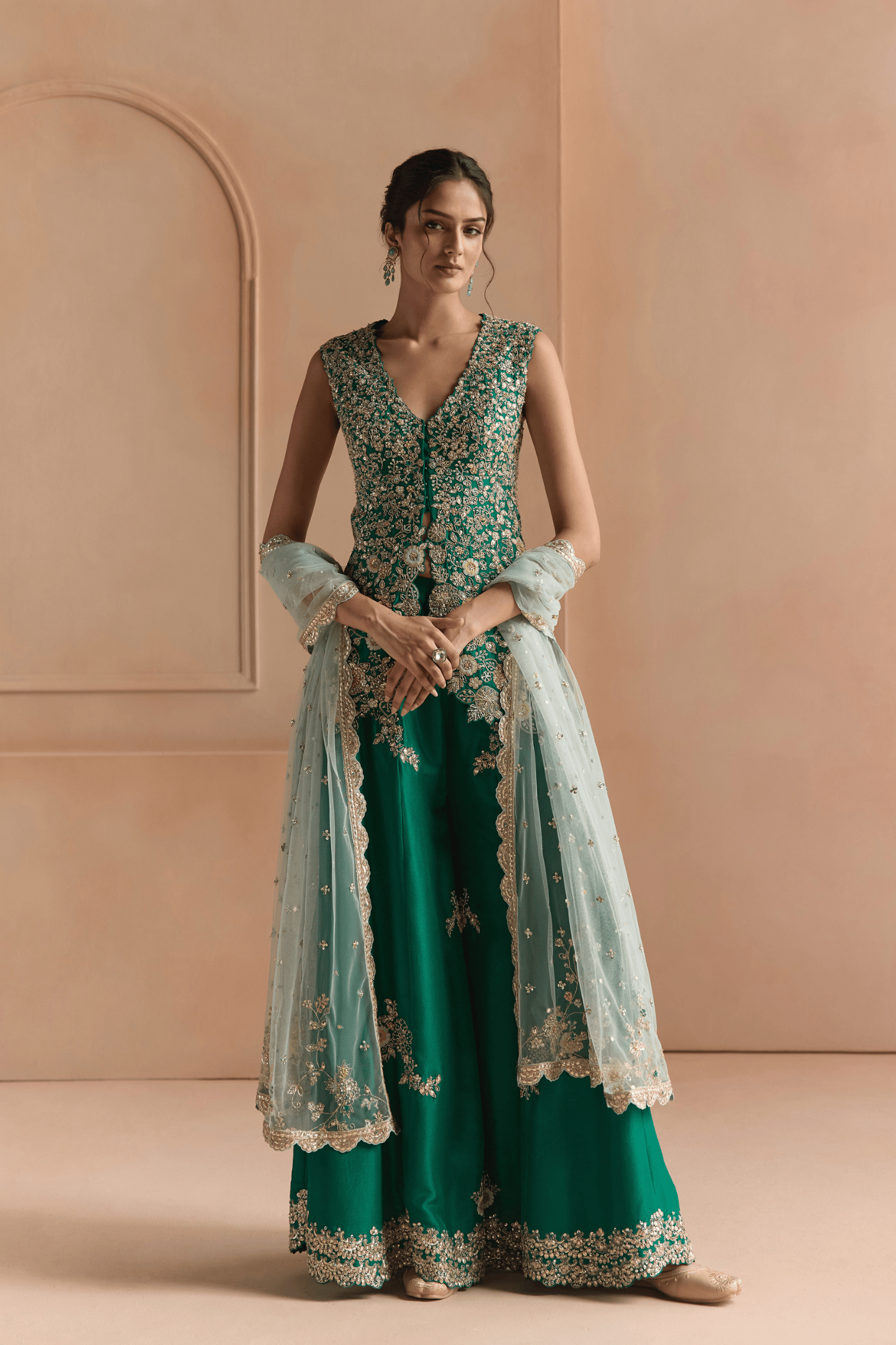 Jewel Green Embroidered Peplum Garara Set