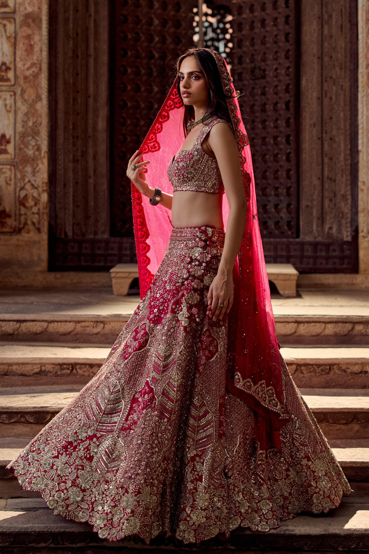 Dark Fuchsia Embroidered Bridal Lehenga Set
