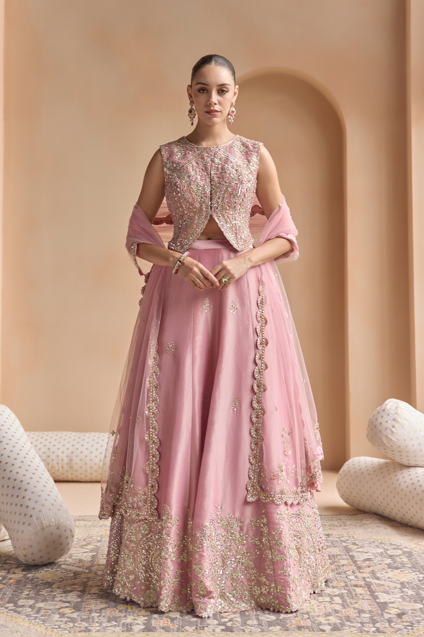 Soft Berry Embroidered Tissue Lehenga Set