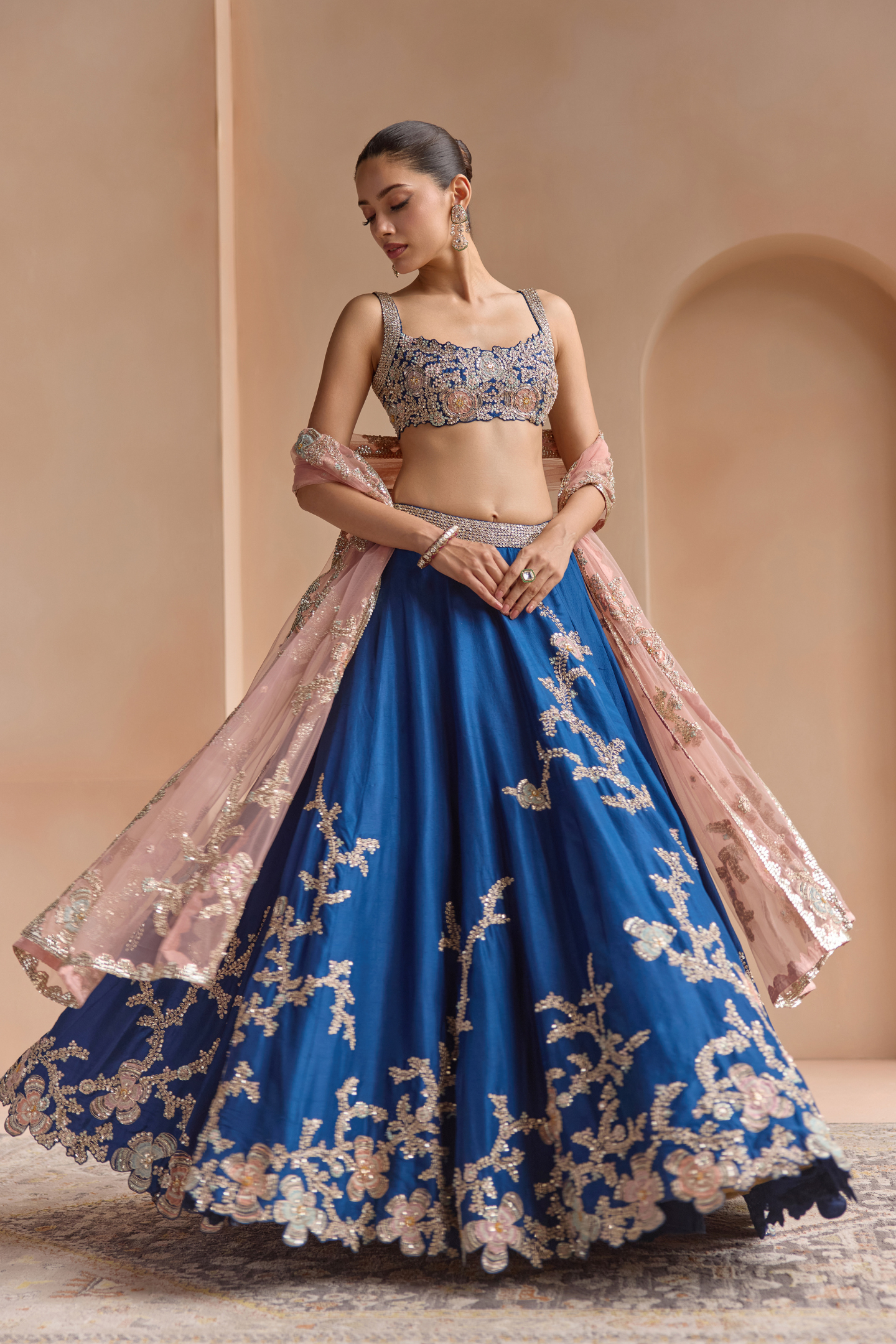 French Navy Embroidered Lehenga Set