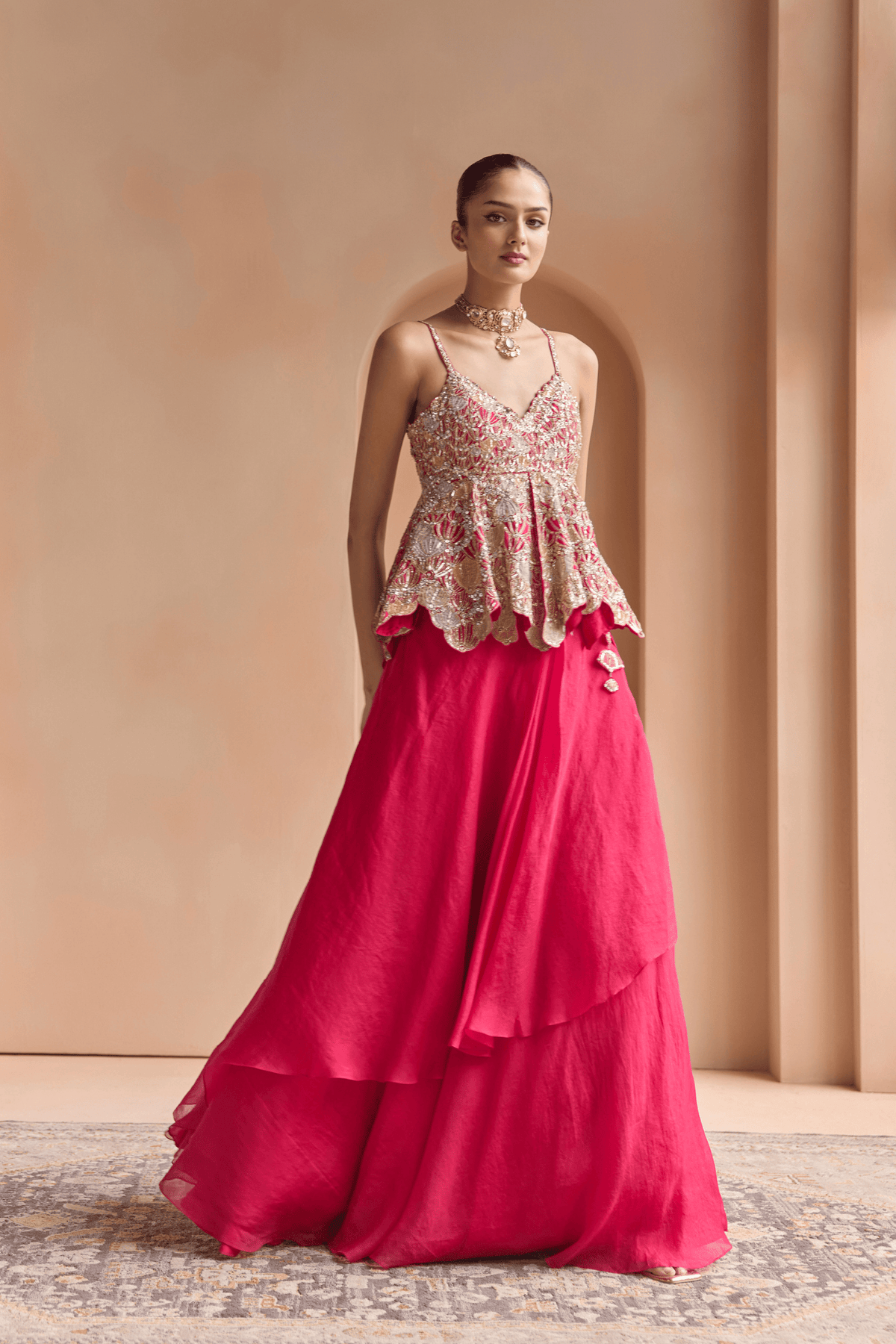 Cut Ruby Embroidered Peplum and Skirt Set