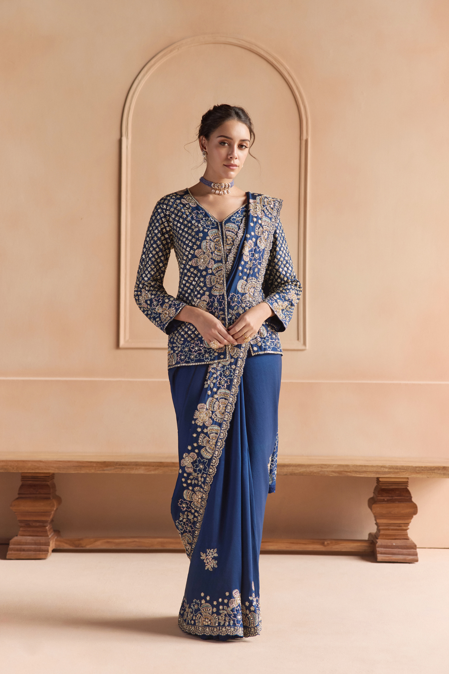 French Navy Saree Set