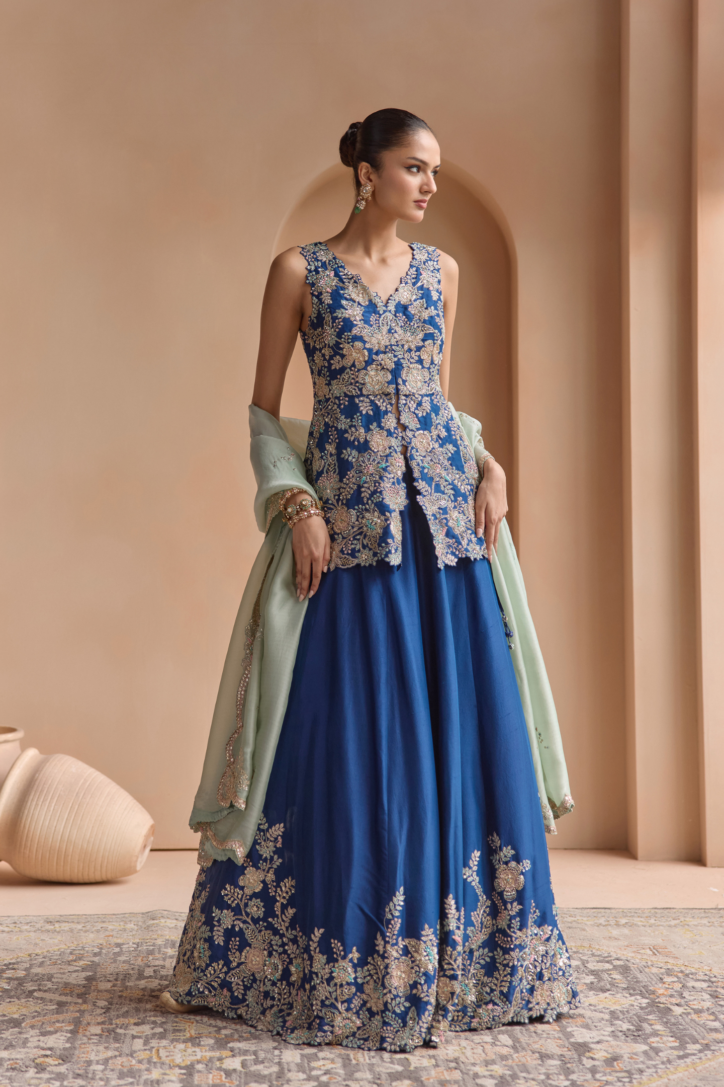 French Navy Embroidered Peplum Lehenga Set