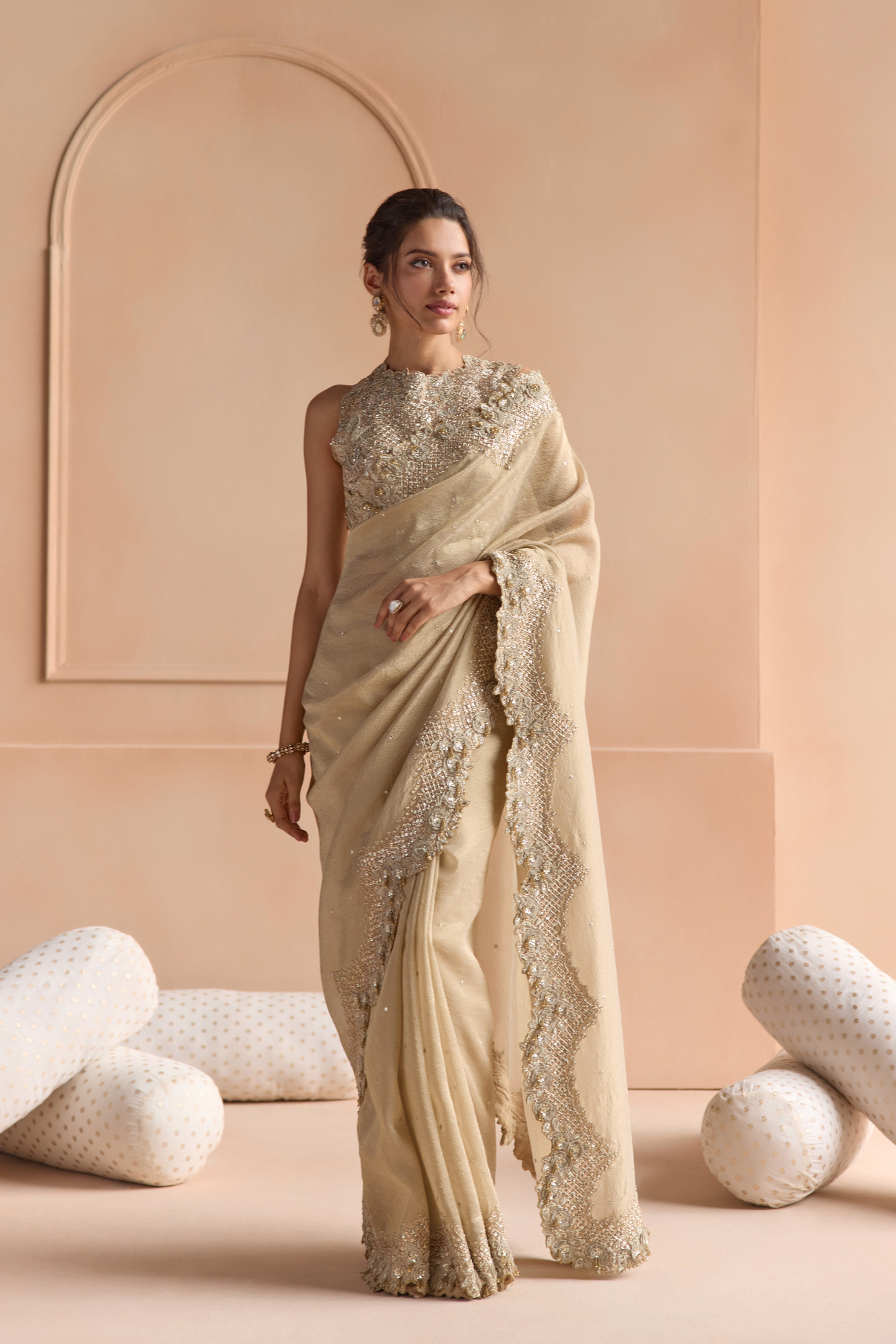 Beige Champagne Tissue Saree Set