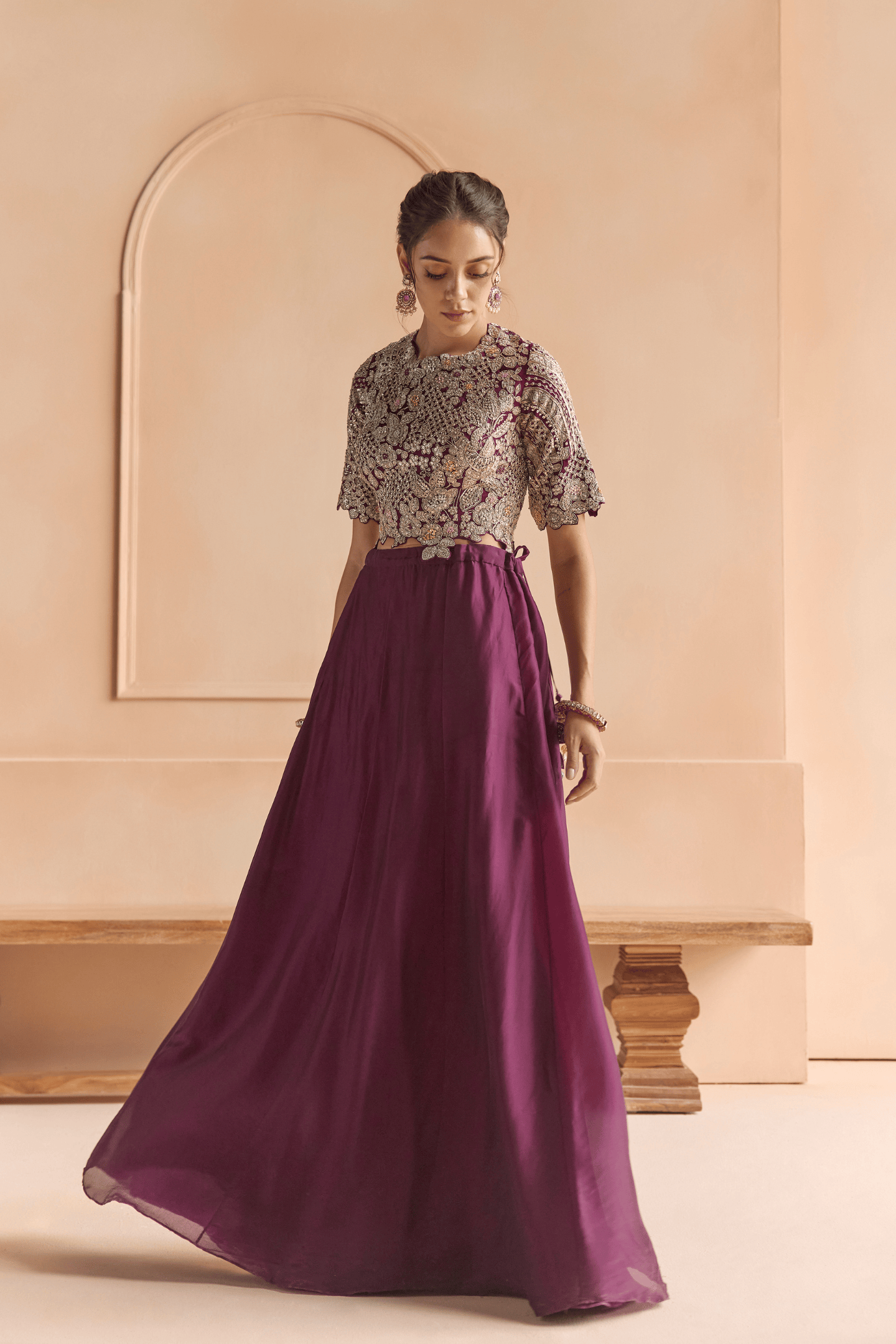 Aubergine Embroidered Top & Skirt Set