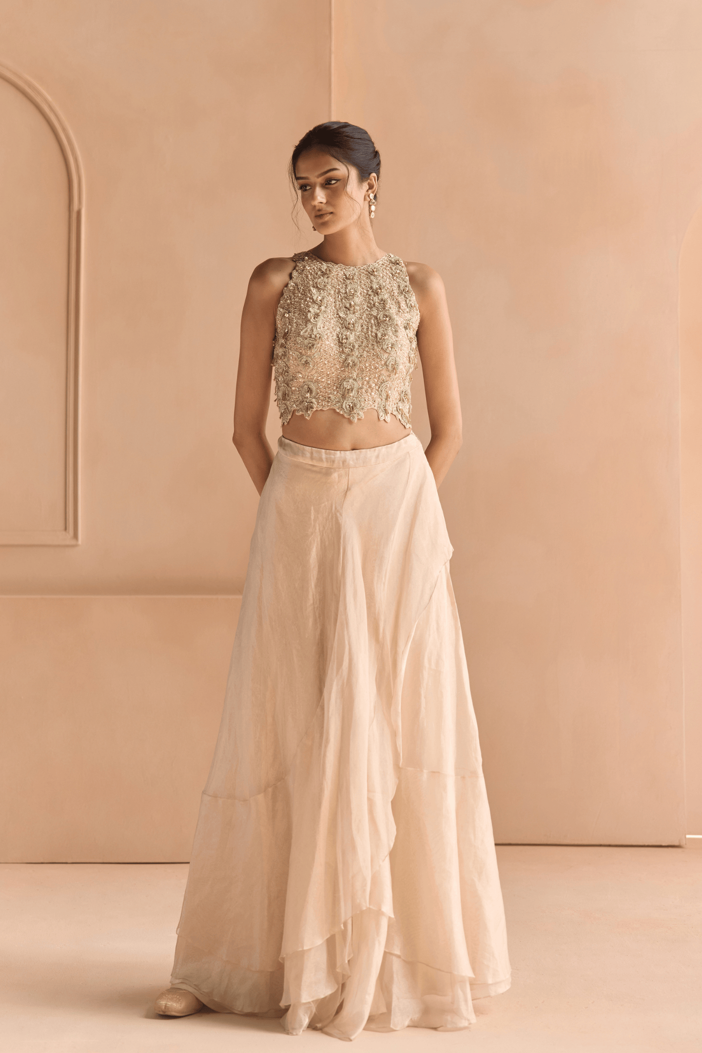 Beige Champagne Waterfall Skirt Set