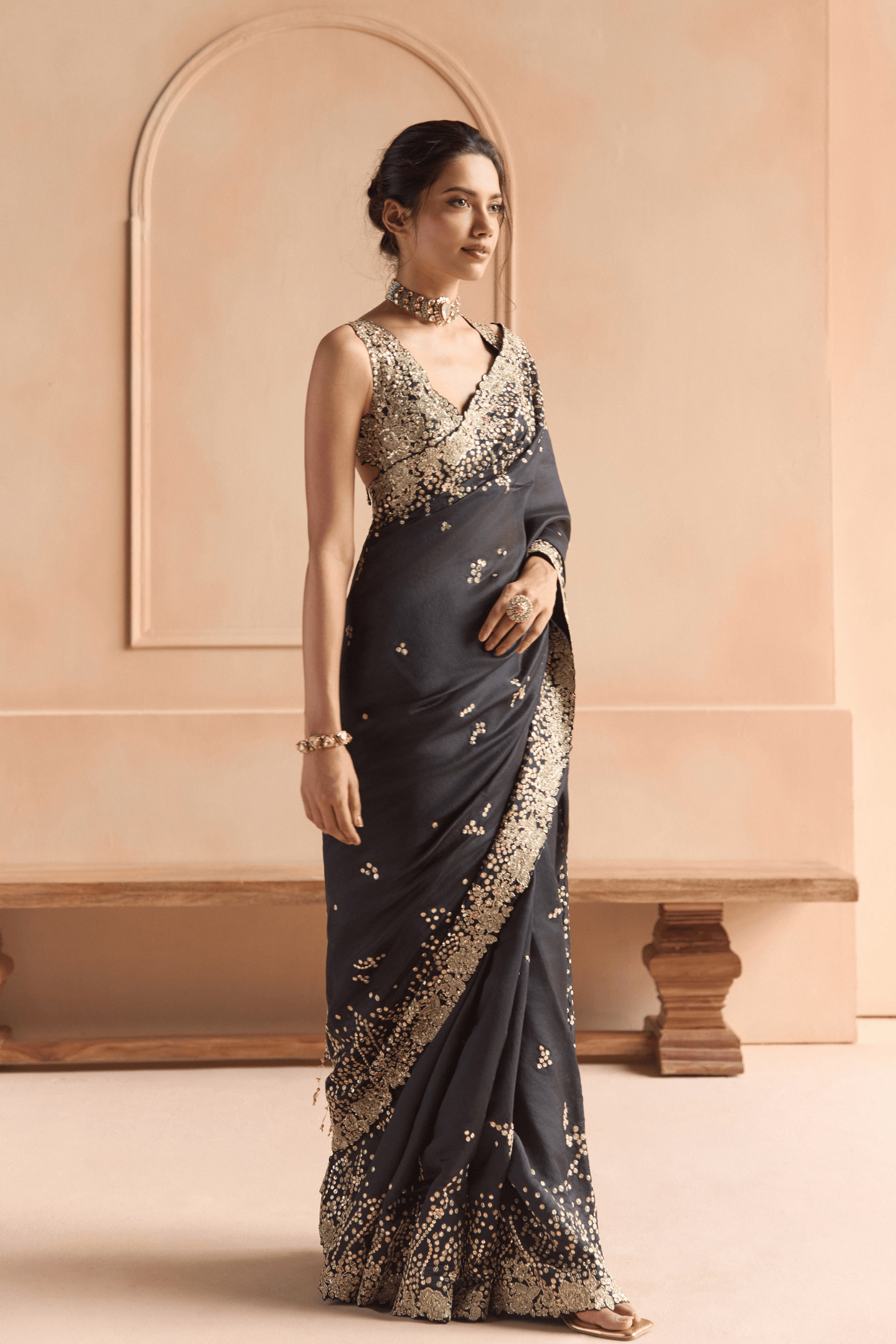 Black Embroidered Saree Set